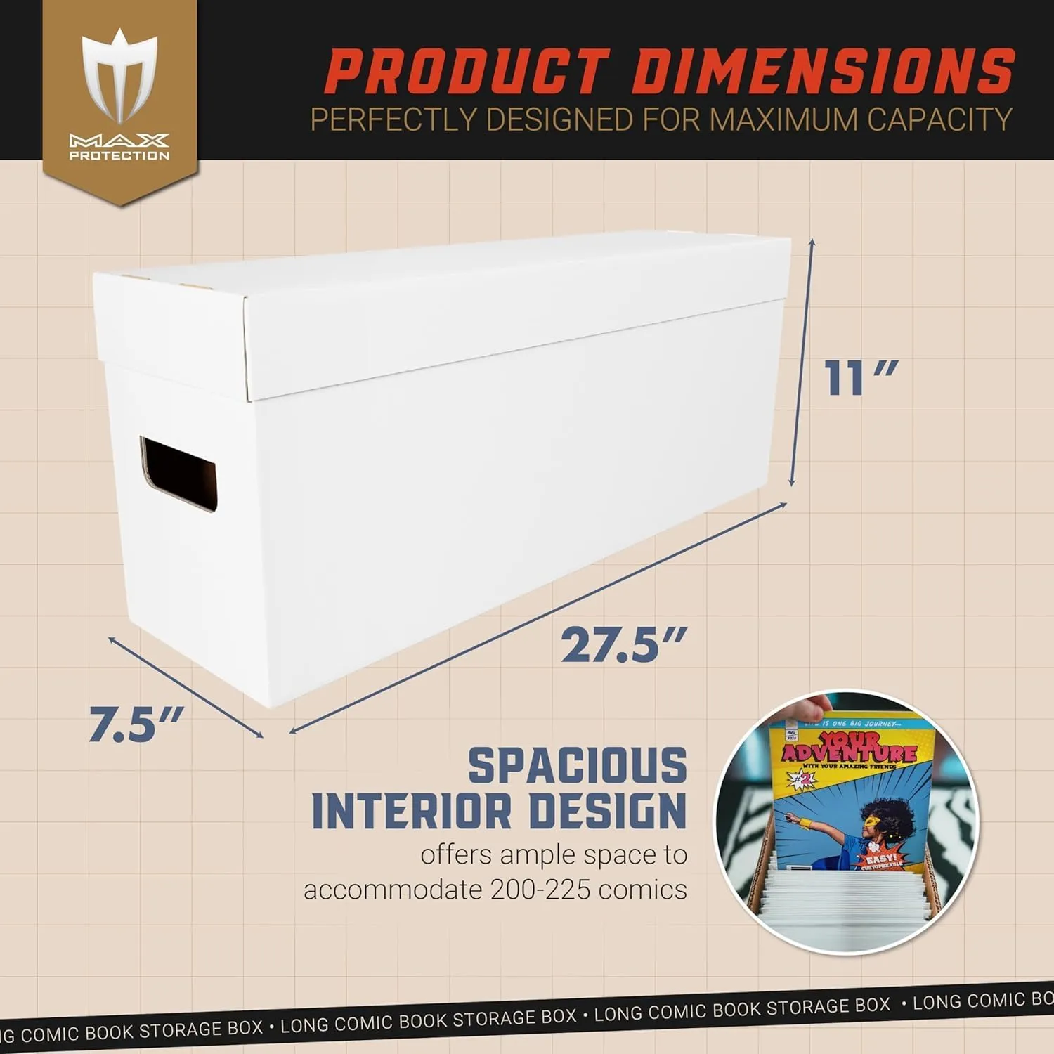 Max Protection Comic Book Storage Box - 6 Count Long ComicBook Boxes with White Corrugated Cardboard - Stackable Bin, Thick Case, Book Containers with Lid - Ideal for Comics, Magazines, Collectibles