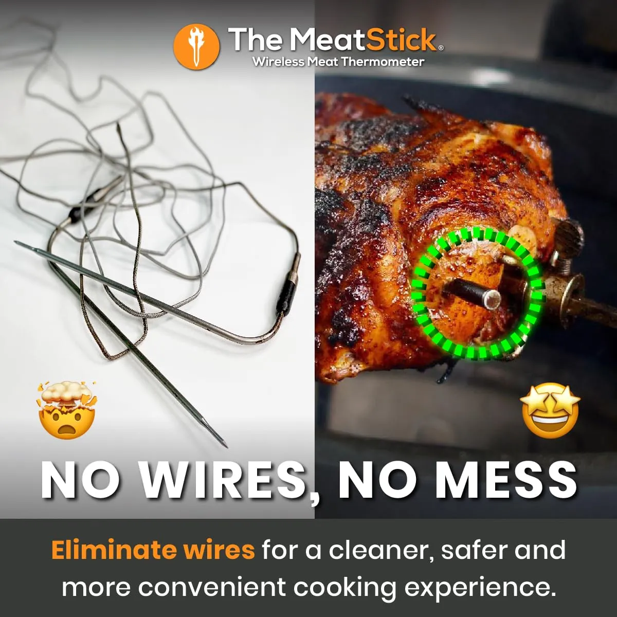 MeatStick Chef: Quad Sensors Smart Wireless Meat Thermometer-Meat Probe for Smoker, BBQ, Oven, Grill, Kitchen, Rotisserie, Air Fryer, Deep Frying-Limited Range
