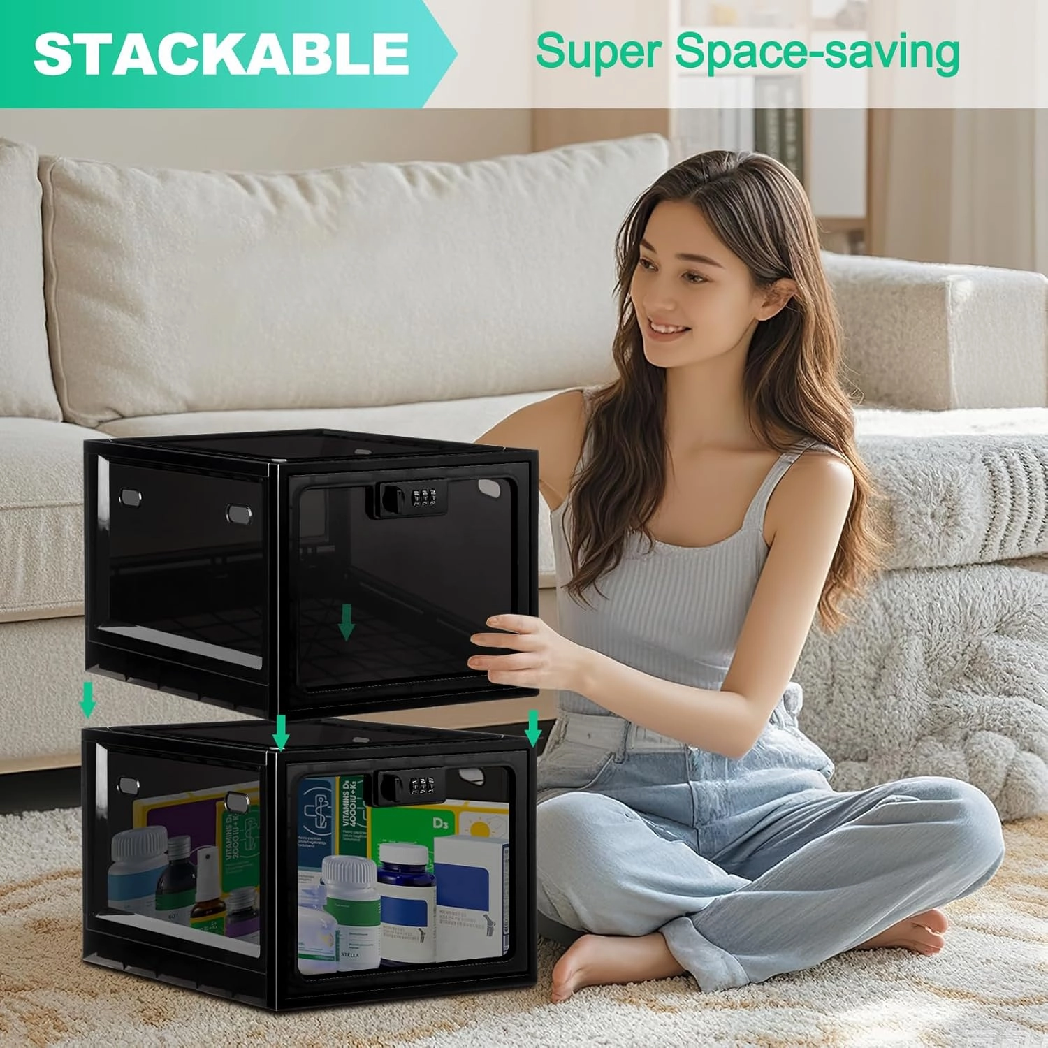 Medicine Lock Box with Code, 12.6L Large Lockable Storage Box for Medication, Snacks, Phone, and Electronics - BPA-Free, Clear Design with Charger Holes for Home, Office, Dorm, and Fridge