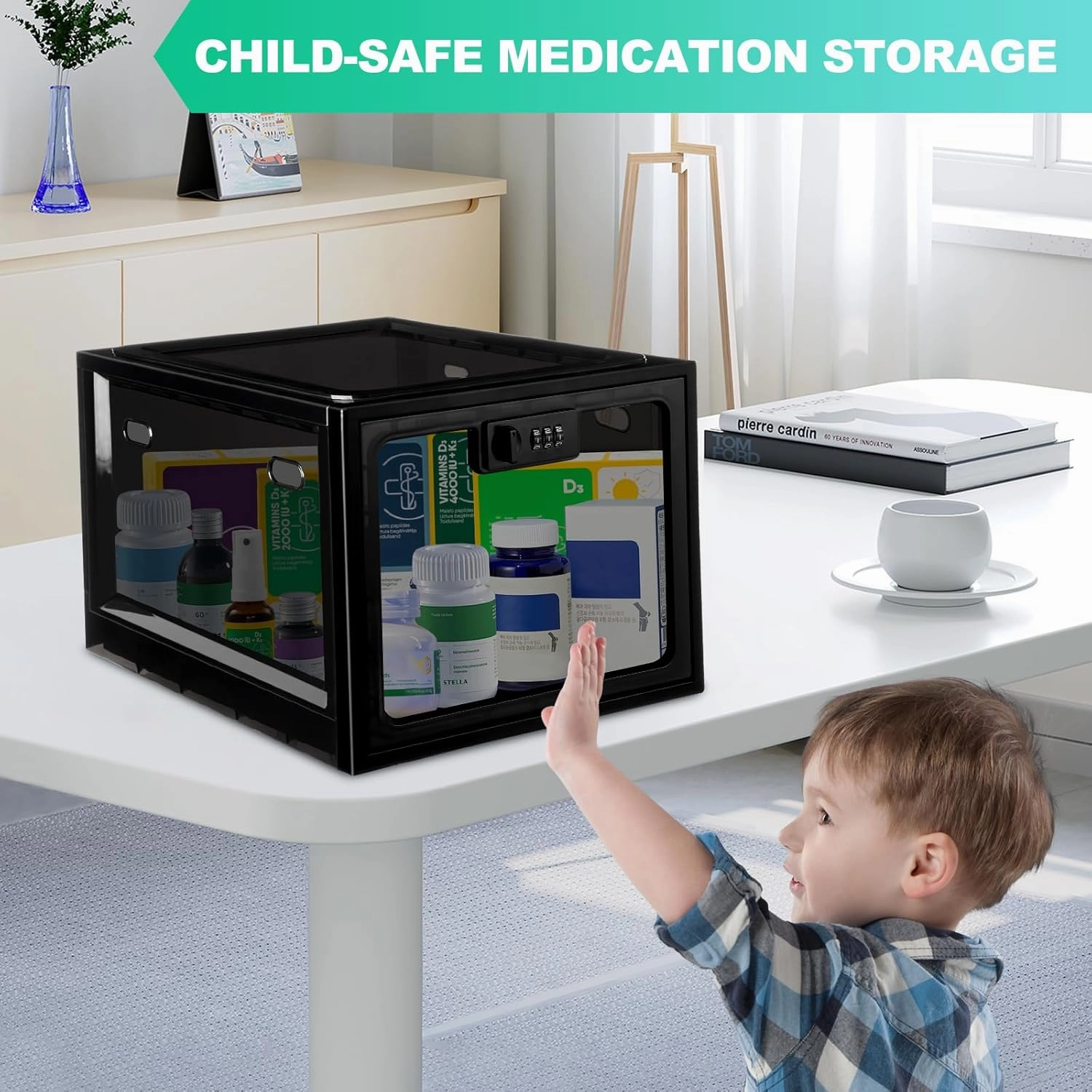 Medicine Lock Box with Code, 12.6L Large Lockable Storage Box for Medication, Snacks, Phone, and Electronics - BPA-Free, Clear Design with Charger Holes for Home, Office, Dorm, and Fridge