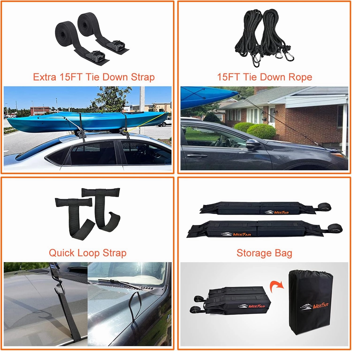 MeeFar Universal Car Soft Roof Rack Pads Luggage Carrier System for Kayak Surfboard SUP Canoe Include 2 Heavy Duty Tie Down Straps, 2 Tie Down Rope, 2 Quick Loop Strap and Storage Bag