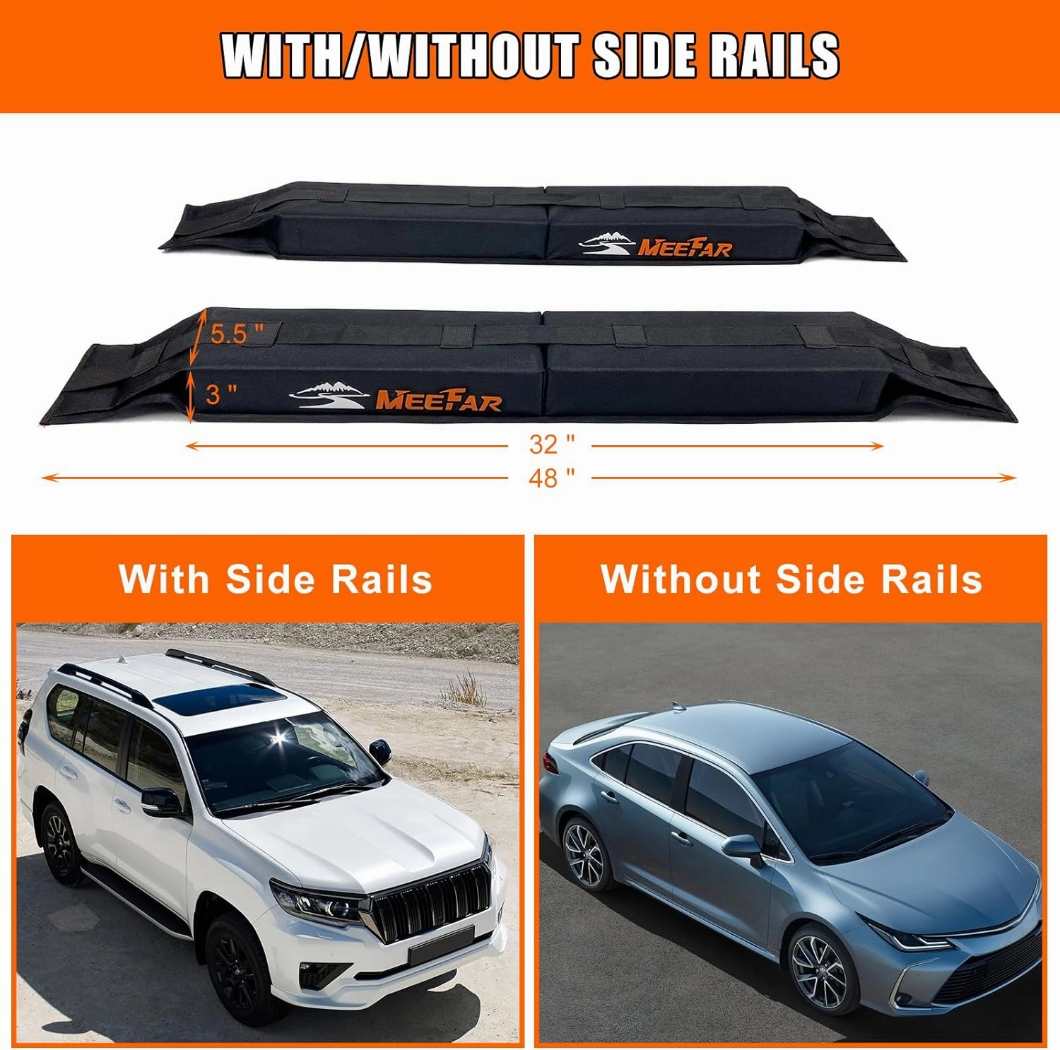 MeeFar Universal Car Soft Roof Rack Pads Luggage Carrier System for Kayak Surfboard SUP Canoe Include 2 Heavy Duty Tie Down Straps, 2 Tie Down Rope, 2 Quick Loop Strap and Storage Bag