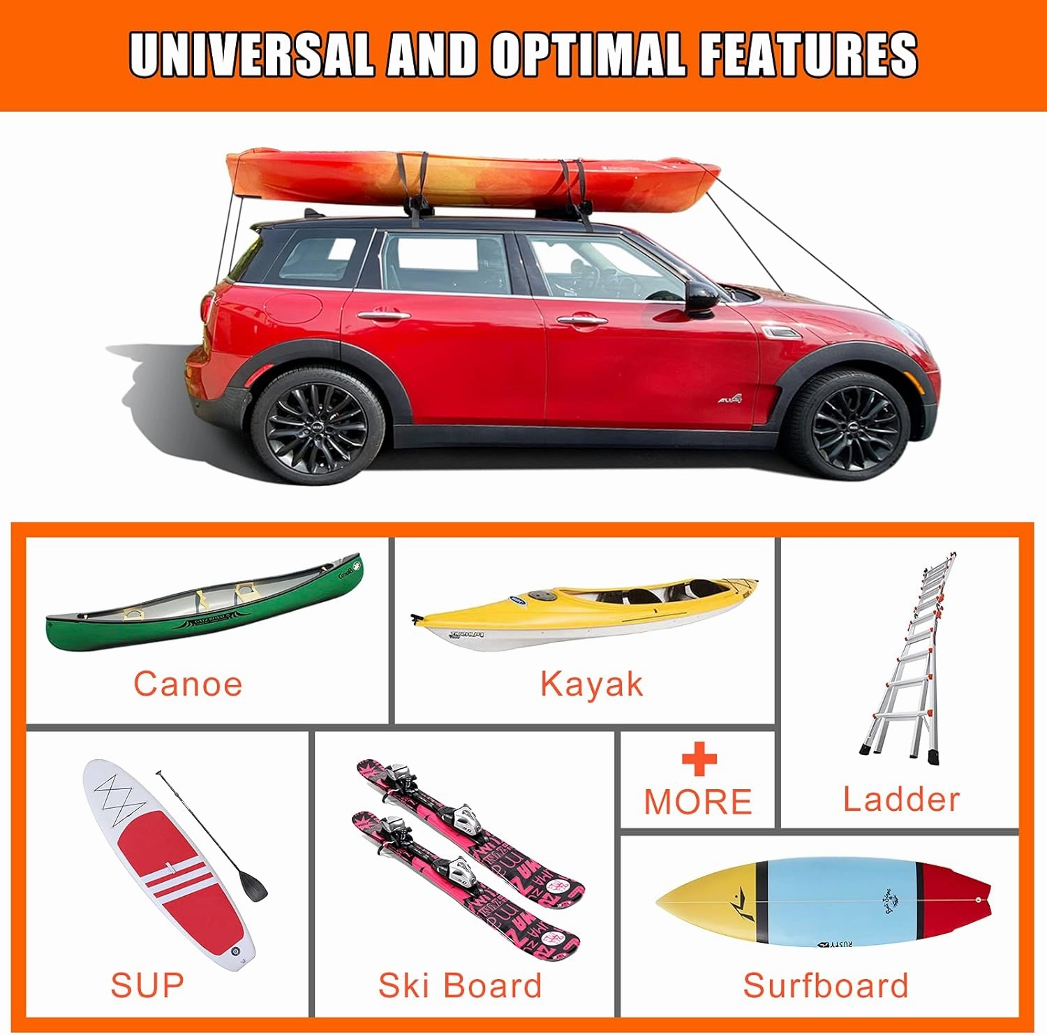 MeeFar Universal Car Soft Roof Rack Pads Luggage Carrier System for Kayak Surfboard SUP Canoe Include 2 Heavy Duty Tie Down Straps, 2 Tie Down Rope, 2 Quick Loop Strap and Storage Bag