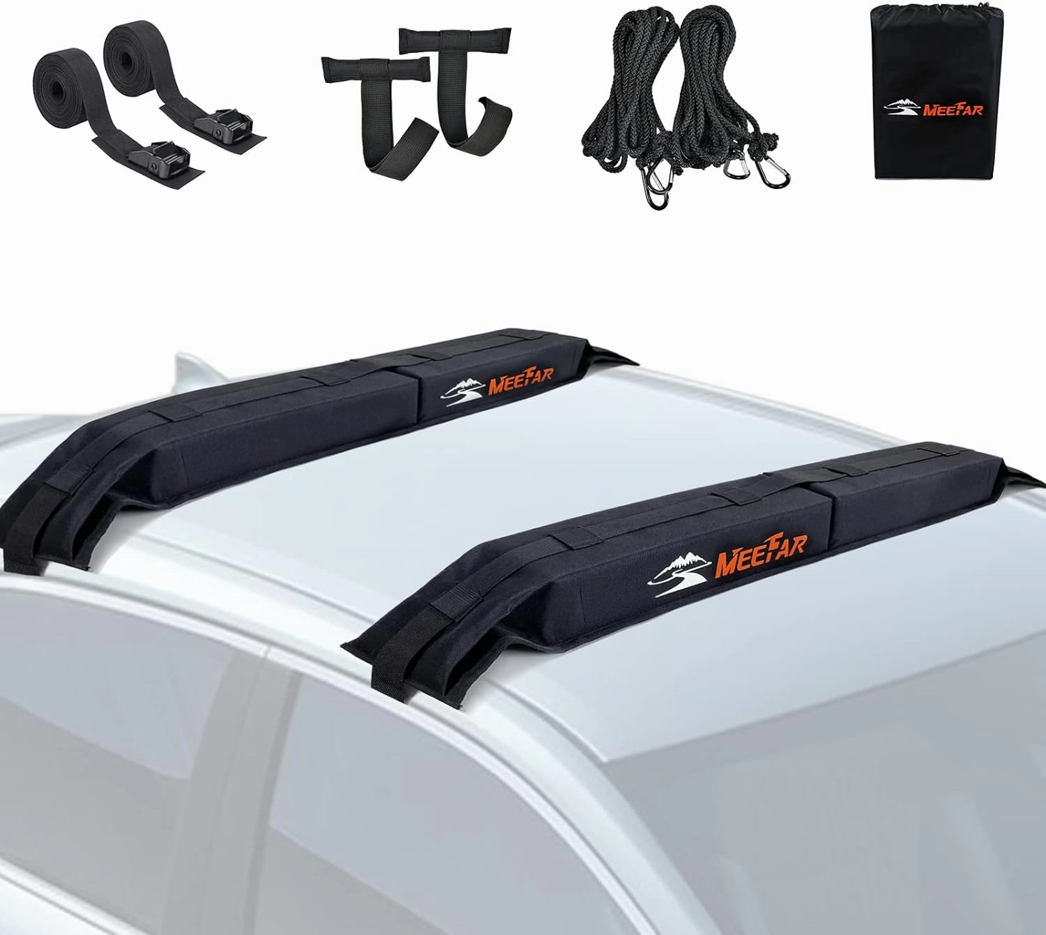 MeeFar Universal Car Soft Roof Rack Pads Luggage Carrier System for Kayak Surfboard SUP Canoe Include 2 Heavy Duty Tie Down Straps, 2 Tie Down Rope, 2 Quick Loop Strap and Storage Bag