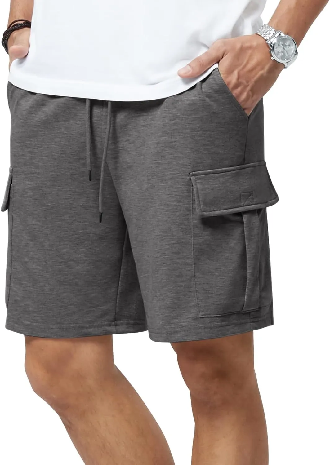 Mens Casual Sweat Cargo Cotton Shorts Drawstring Elastic Waist Athletic Workout Gym Jogger Shorts with 5 Pockets