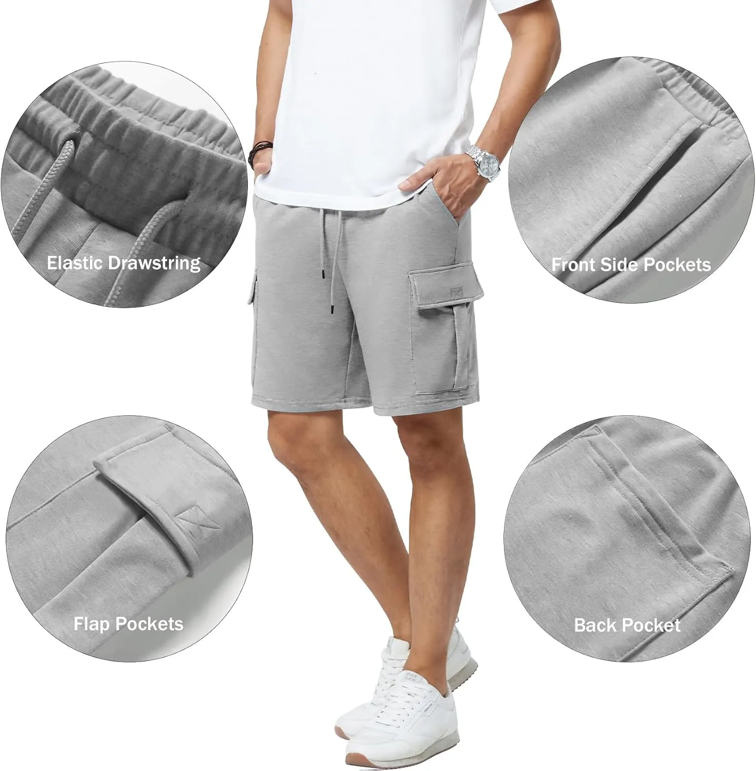 Mens Casual Sweat Cargo Cotton Shorts Drawstring Elastic Waist Athletic Workout Gym Jogger Shorts with 5 Pockets
