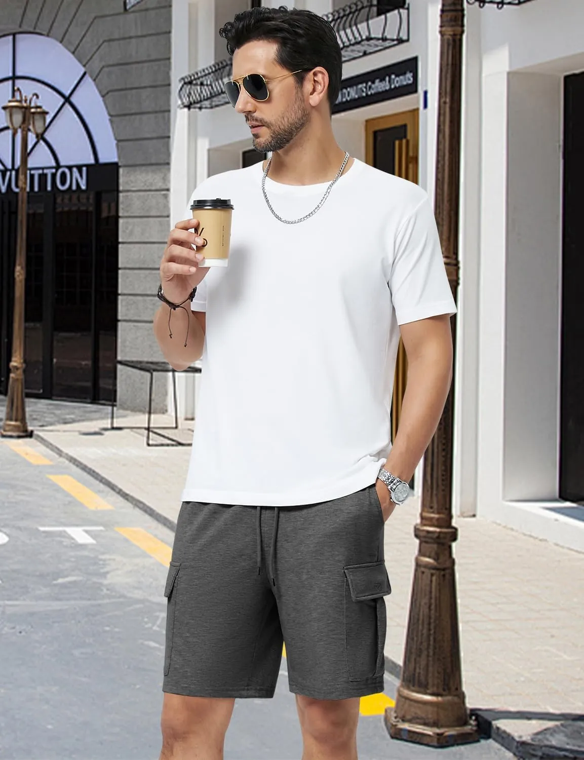 Mens Casual Sweat Cargo Cotton Shorts Drawstring Elastic Waist Athletic Workout Gym Jogger Shorts with 5 Pockets