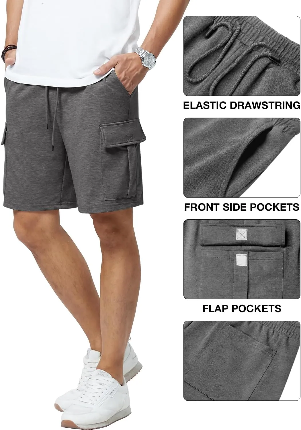 Mens Casual Sweat Cargo Cotton Shorts Drawstring Elastic Waist Athletic Workout Gym Jogger Shorts with 5 Pockets
