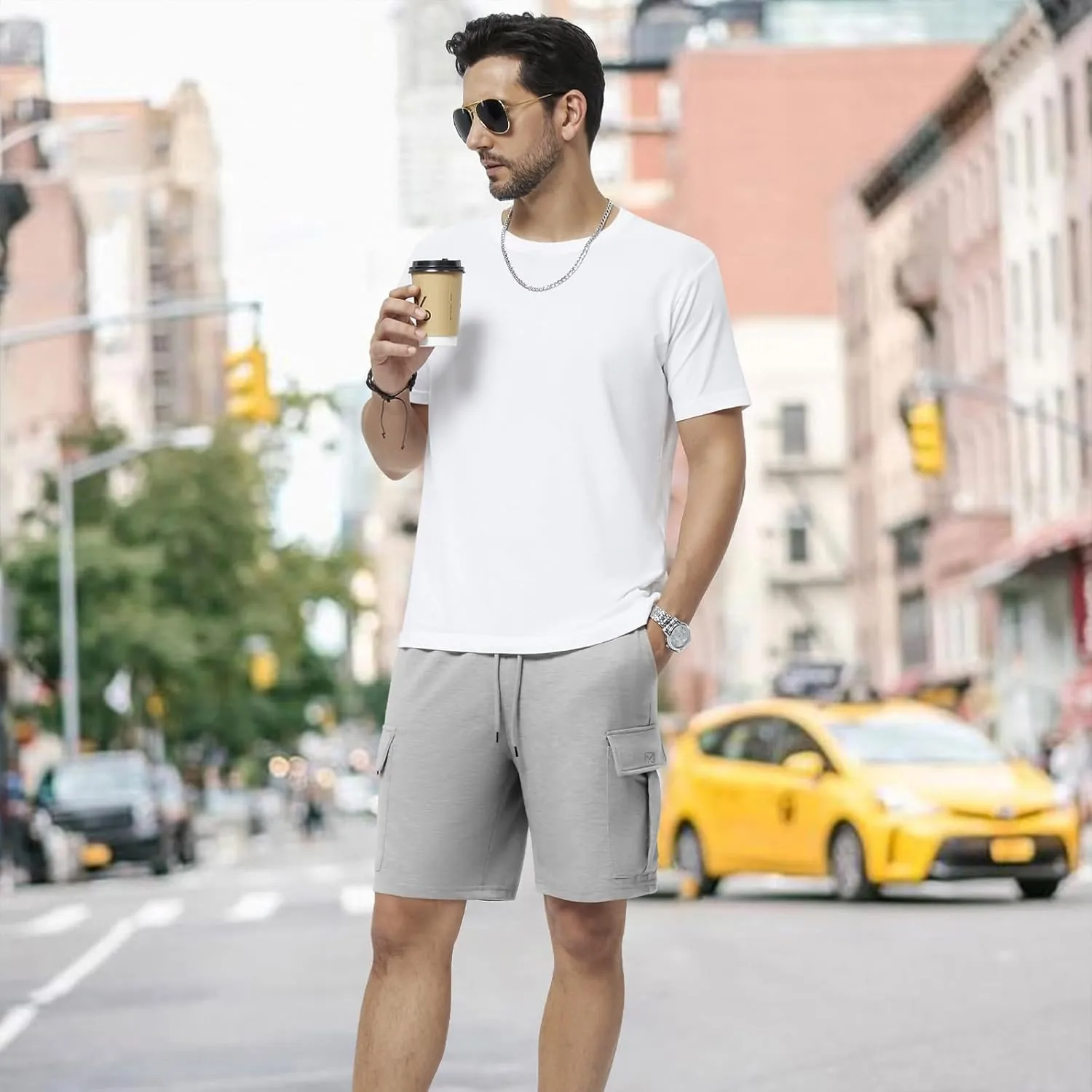 Mens Casual Sweat Cargo Cotton Shorts Drawstring Elastic Waist Athletic Workout Gym Jogger Shorts with 5 Pockets