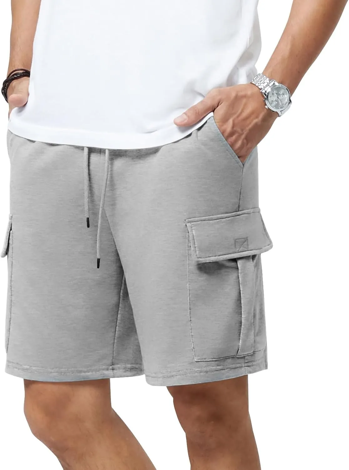 Mens Casual Sweat Cargo Cotton Shorts Drawstring Elastic Waist Athletic Workout Gym Jogger Shorts with 5 Pockets