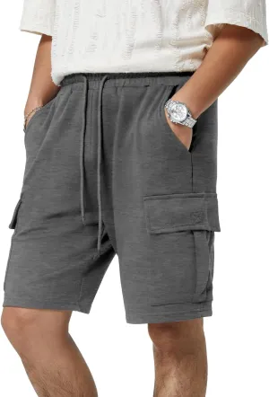 Mens Casual Sweat Cargo Cotton Shorts Drawstring Elastic Waist Athletic Workout Gym Jogger Shorts with 5 Pockets