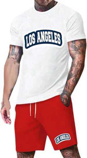 Mens City Letter print T Shirt Shorts Vacation Wear Light Breathable Business Casual Fitness Two Piece Set