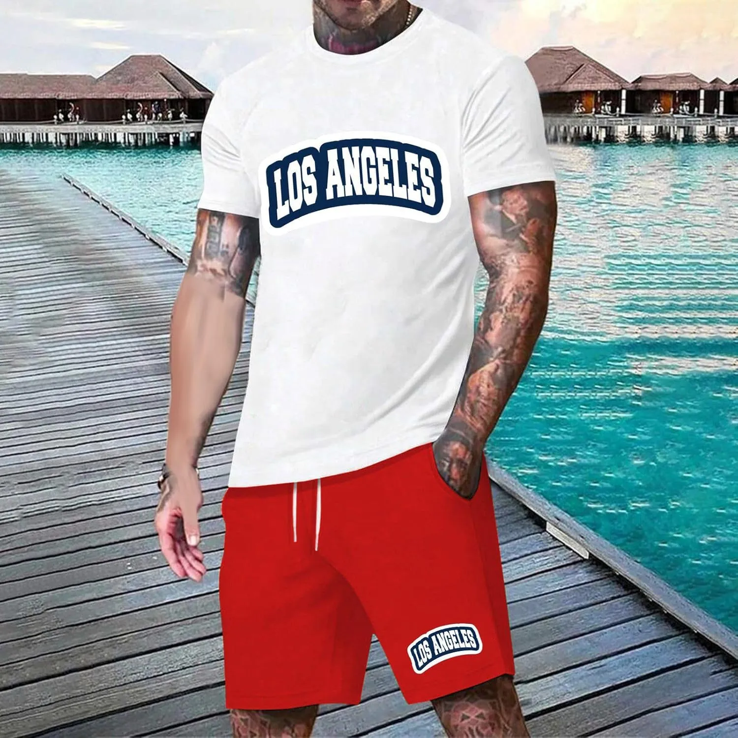 Mens City Letter print T Shirt Shorts Vacation Wear Light Breathable Business Casual Fitness Two Piece Set