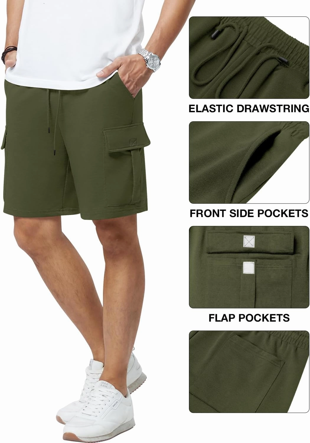 Mens Casual Sweat Cargo Cotton Shorts Drawstring Elastic Waist Athletic Workout Gym Jogger Shorts with 5 Pockets
