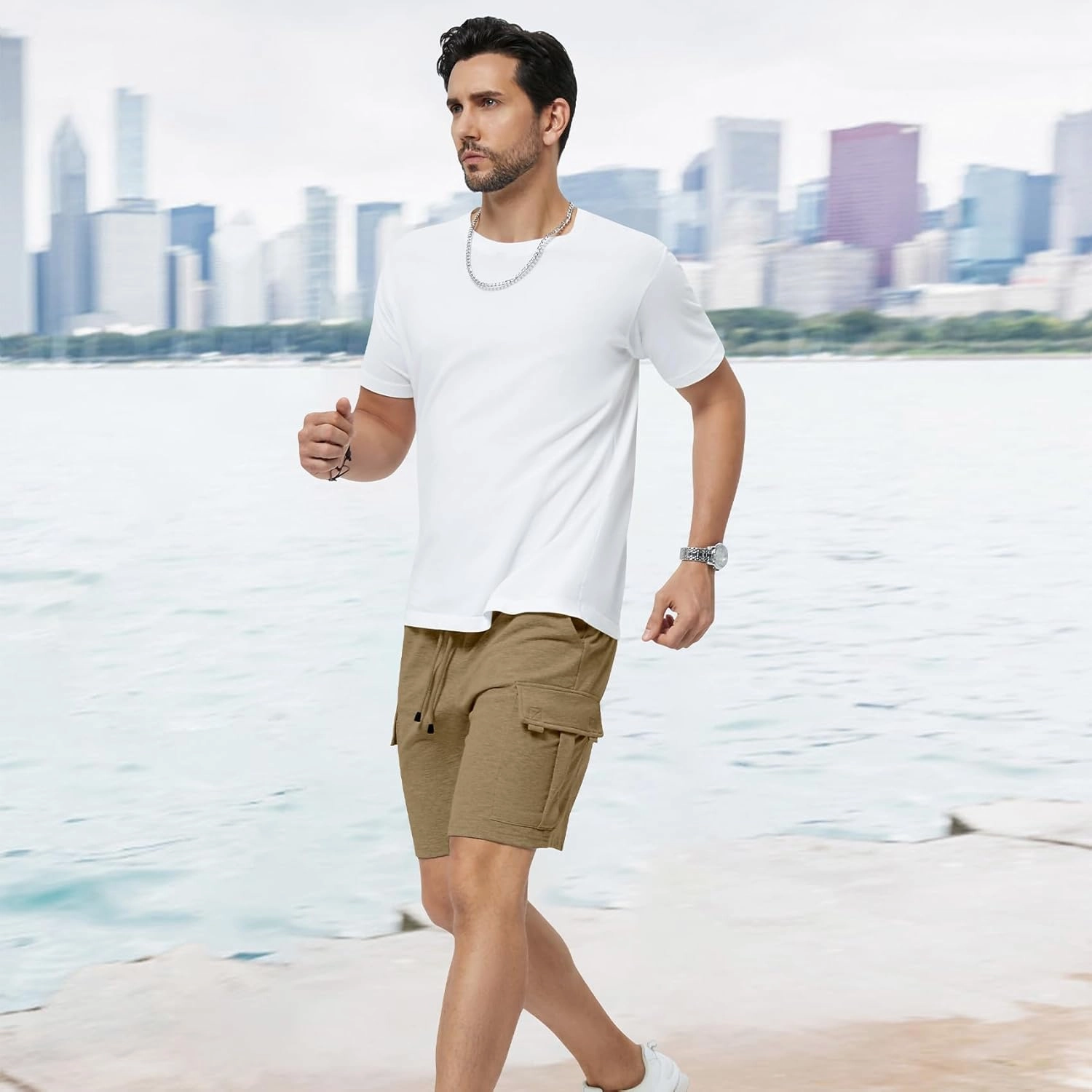 Mens Casual Sweat Cargo Cotton Shorts Drawstring Elastic Waist Athletic Workout Gym Jogger Shorts with 5 Pockets