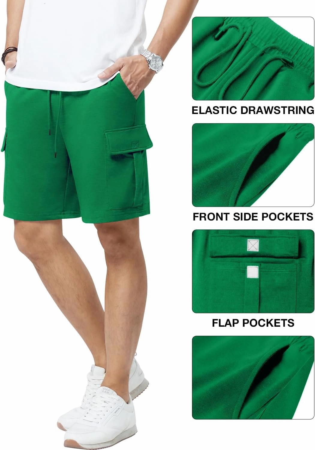 Mens Casual Sweat Cargo Cotton Shorts Drawstring Elastic Waist Athletic Workout Gym Jogger Shorts with 5 Pockets