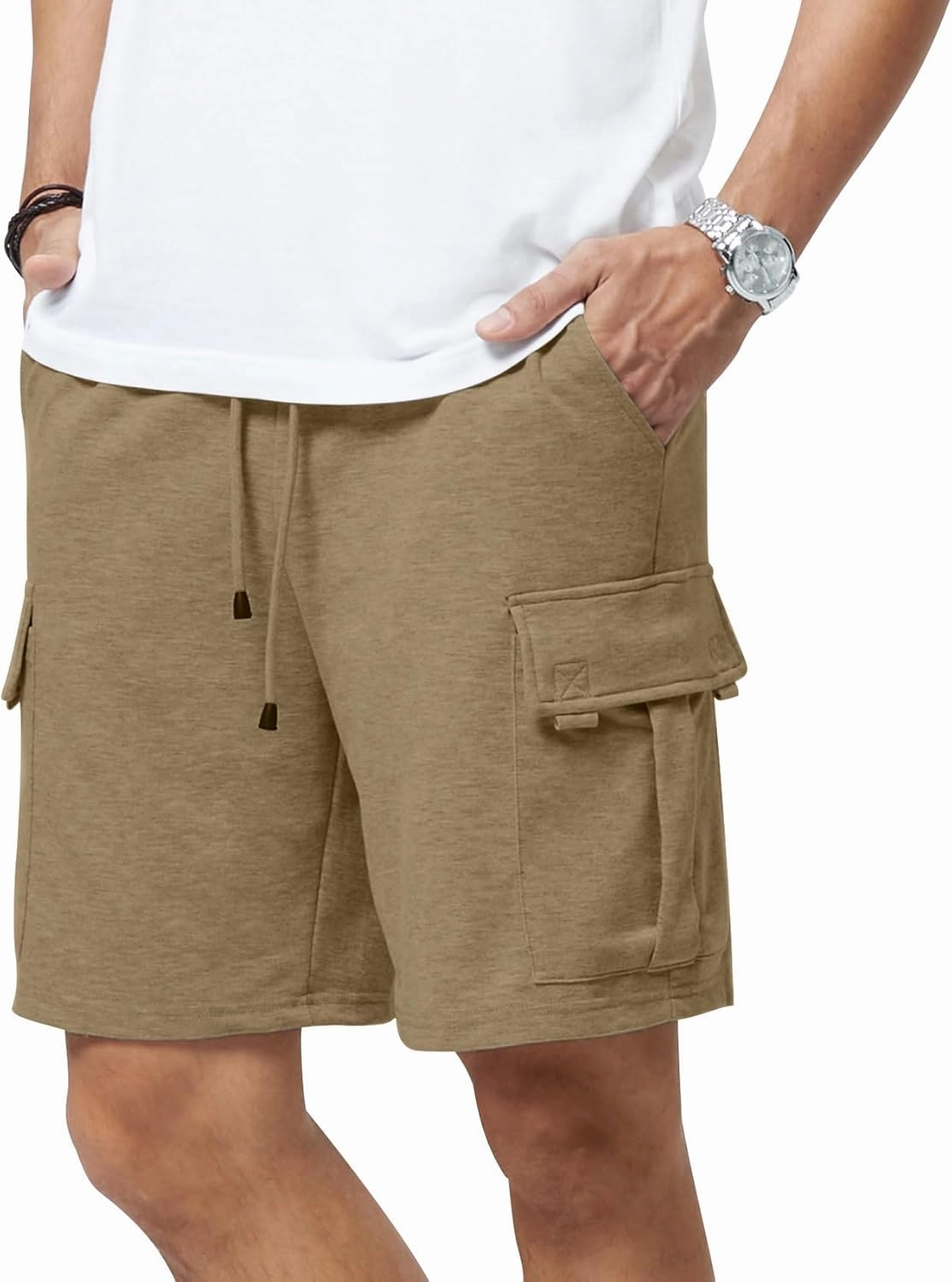 Mens Casual Sweat Cargo Cotton Shorts Drawstring Elastic Waist Athletic Workout Gym Jogger Shorts with 5 Pockets