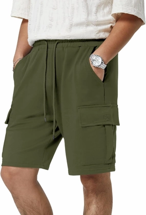 Mens Casual Sweat Cargo Cotton Shorts Drawstring Elastic Waist Athletic Workout Gym Jogger Shorts with 5 Pockets