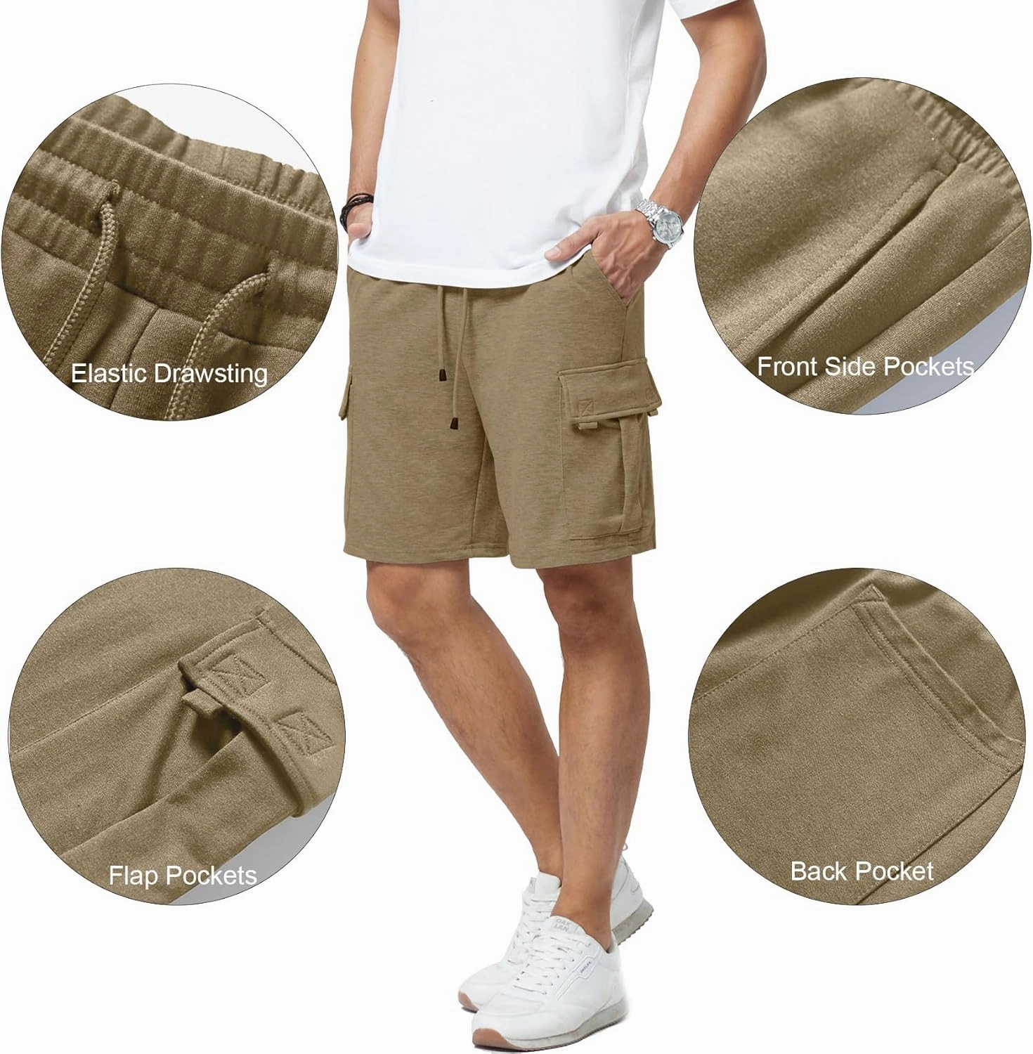 Mens Casual Sweat Cargo Cotton Shorts Drawstring Elastic Waist Athletic Workout Gym Jogger Shorts with 5 Pockets