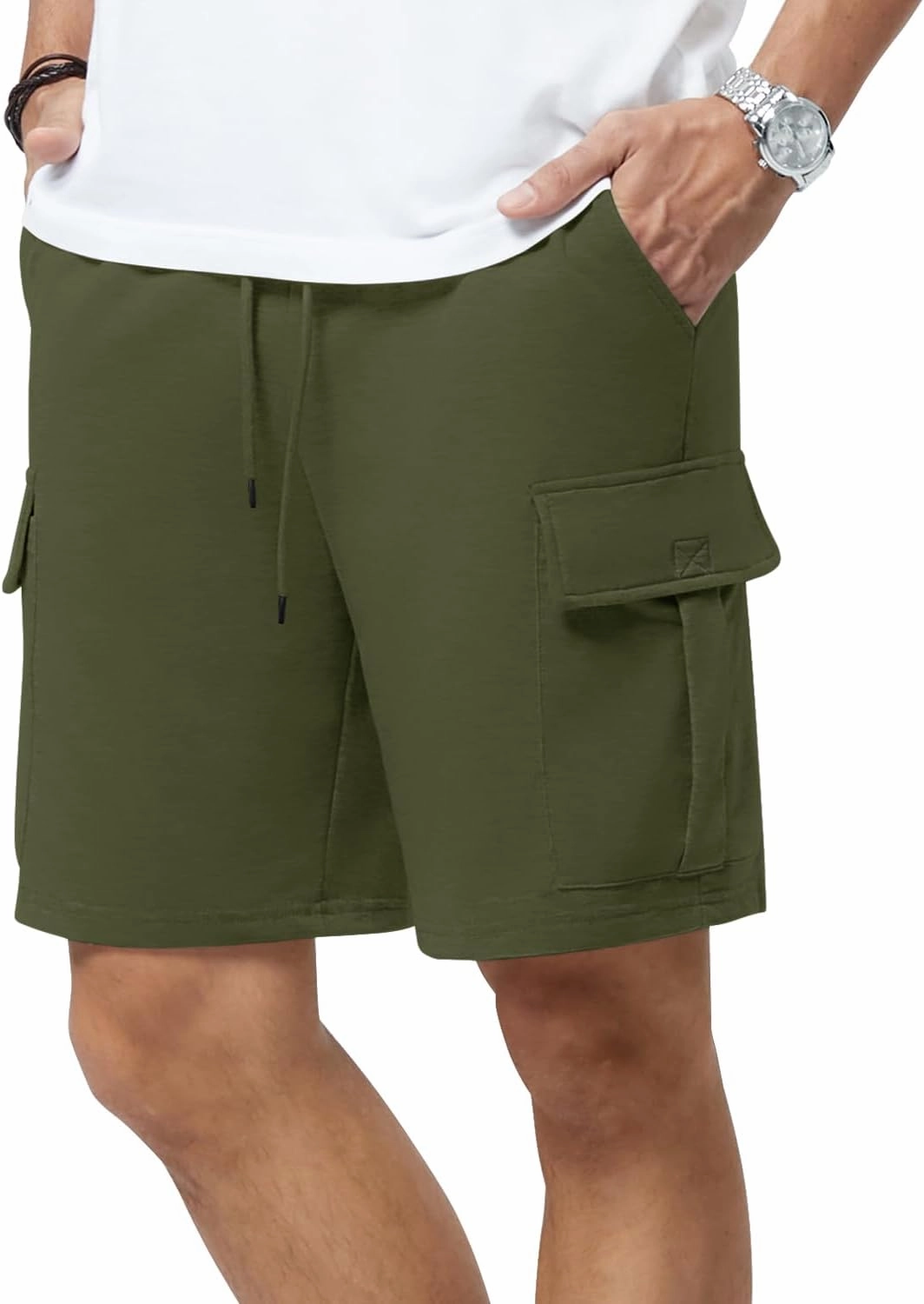 Mens Casual Sweat Cargo Cotton Shorts Drawstring Elastic Waist Athletic Workout Gym Jogger Shorts with 5 Pockets