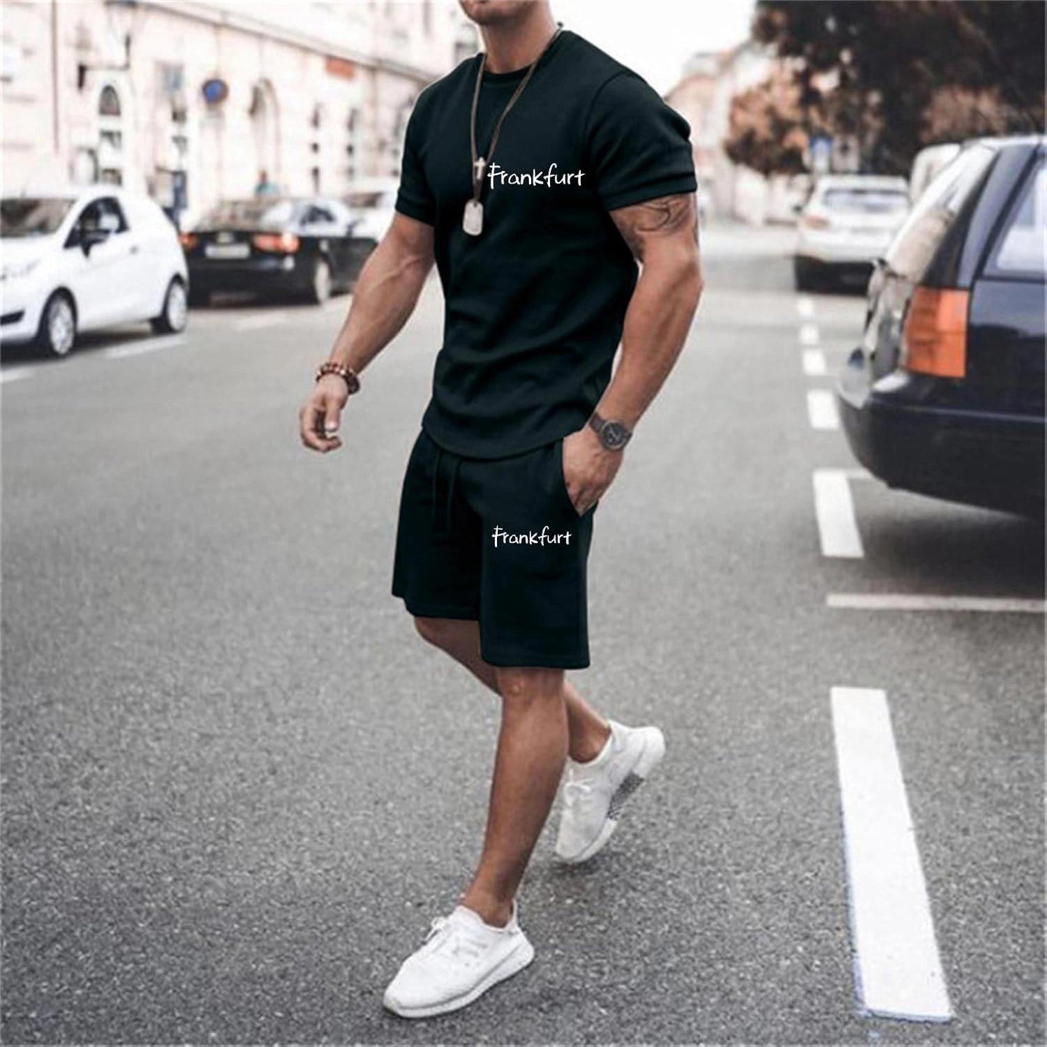 Mens City Letter Print Summer Sportswear Suits Breathable Short Sleeved T Shirt And Sports Shorts