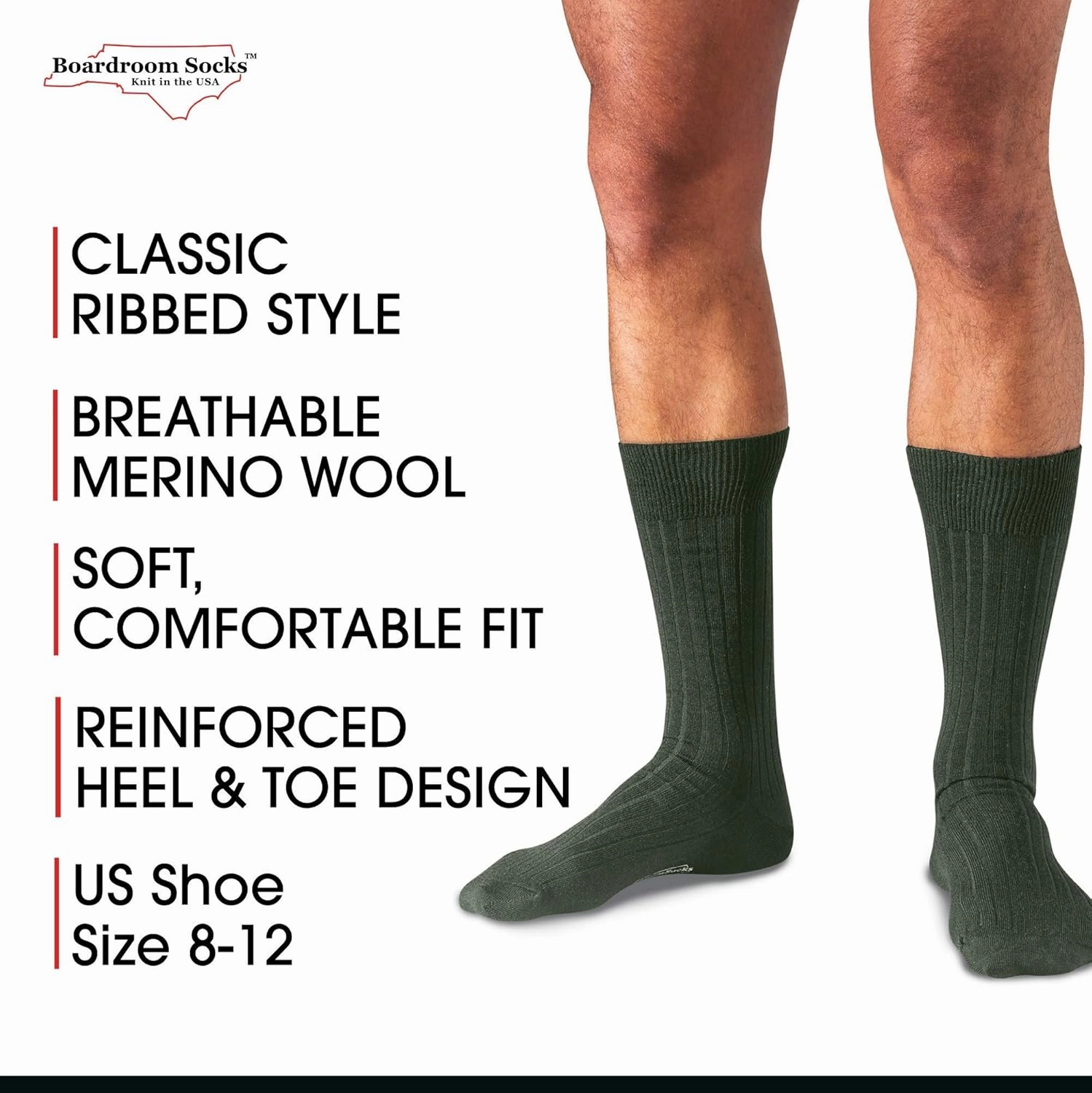Merino Wool Mid-Calf Dress Socks for Men, Ribbed Dress Socks