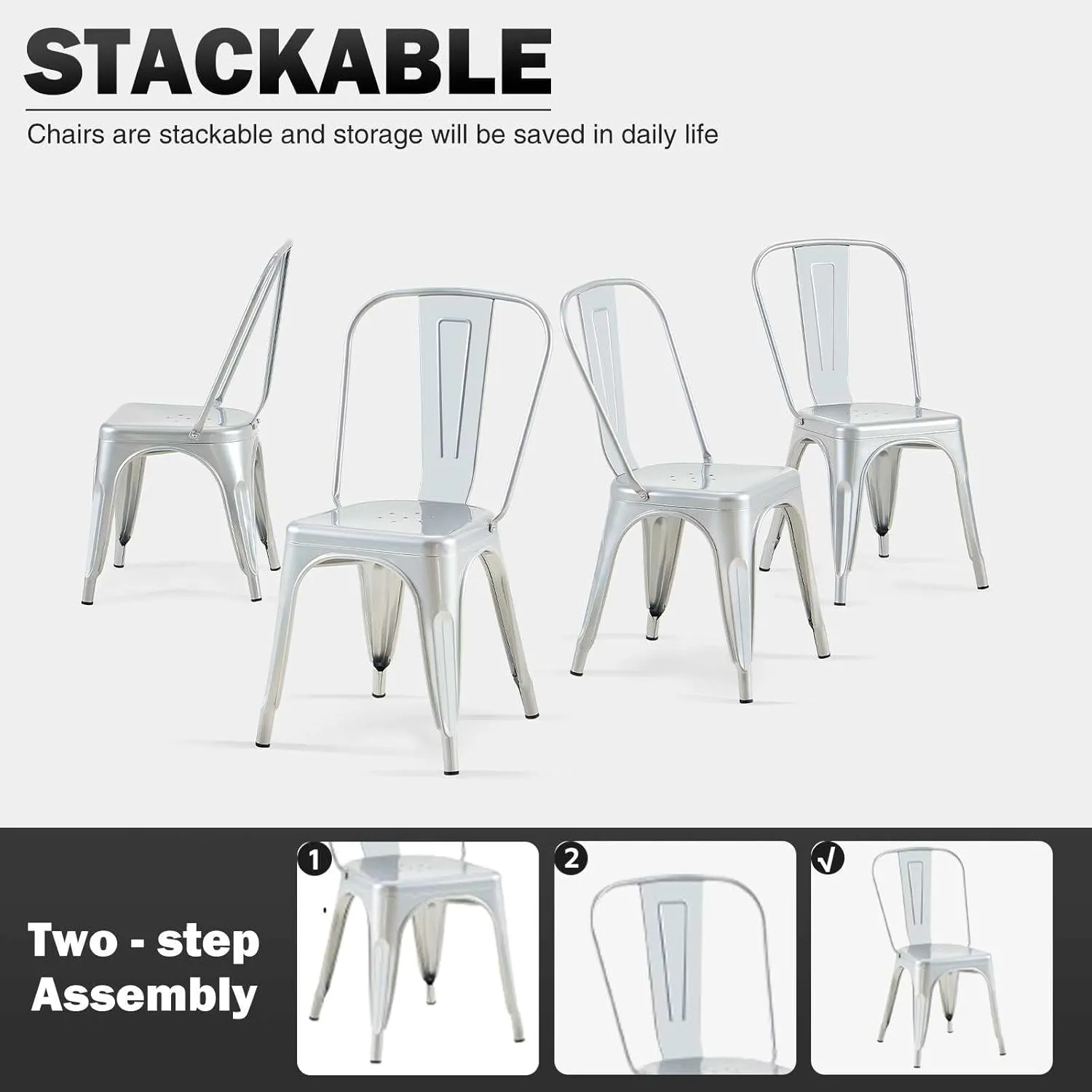 Metal Dining Chairs Set of 2 Silver Outdoor Metal Iron Chairs for Cafe Farmhouse Kitchen,Bistro,Dining Room,Patio Moonlight Silver Color