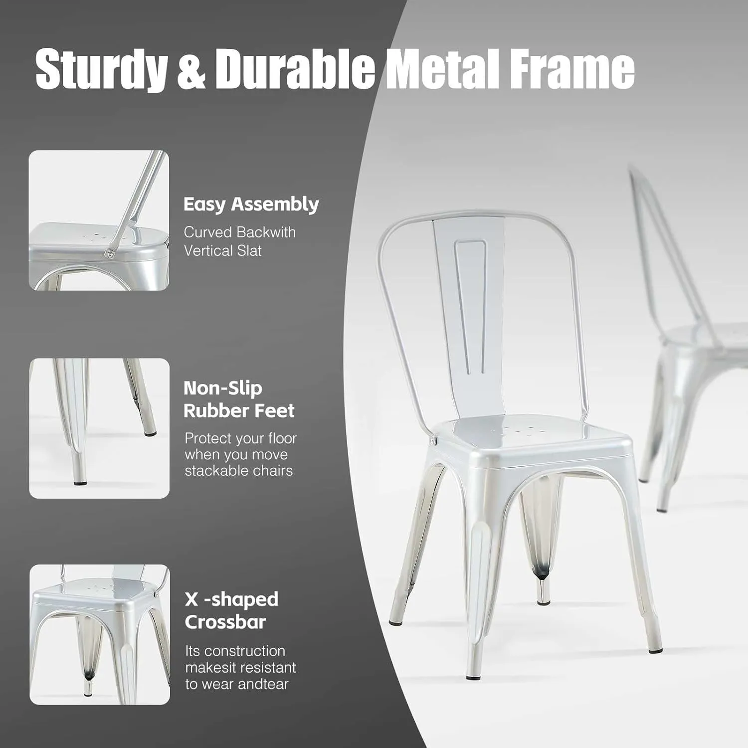 Metal Dining Chairs Set of 2 Silver Outdoor Metal Iron Chairs for Cafe Farmhouse Kitchen,Bistro,Dining Room,Patio Moonlight Silver Color