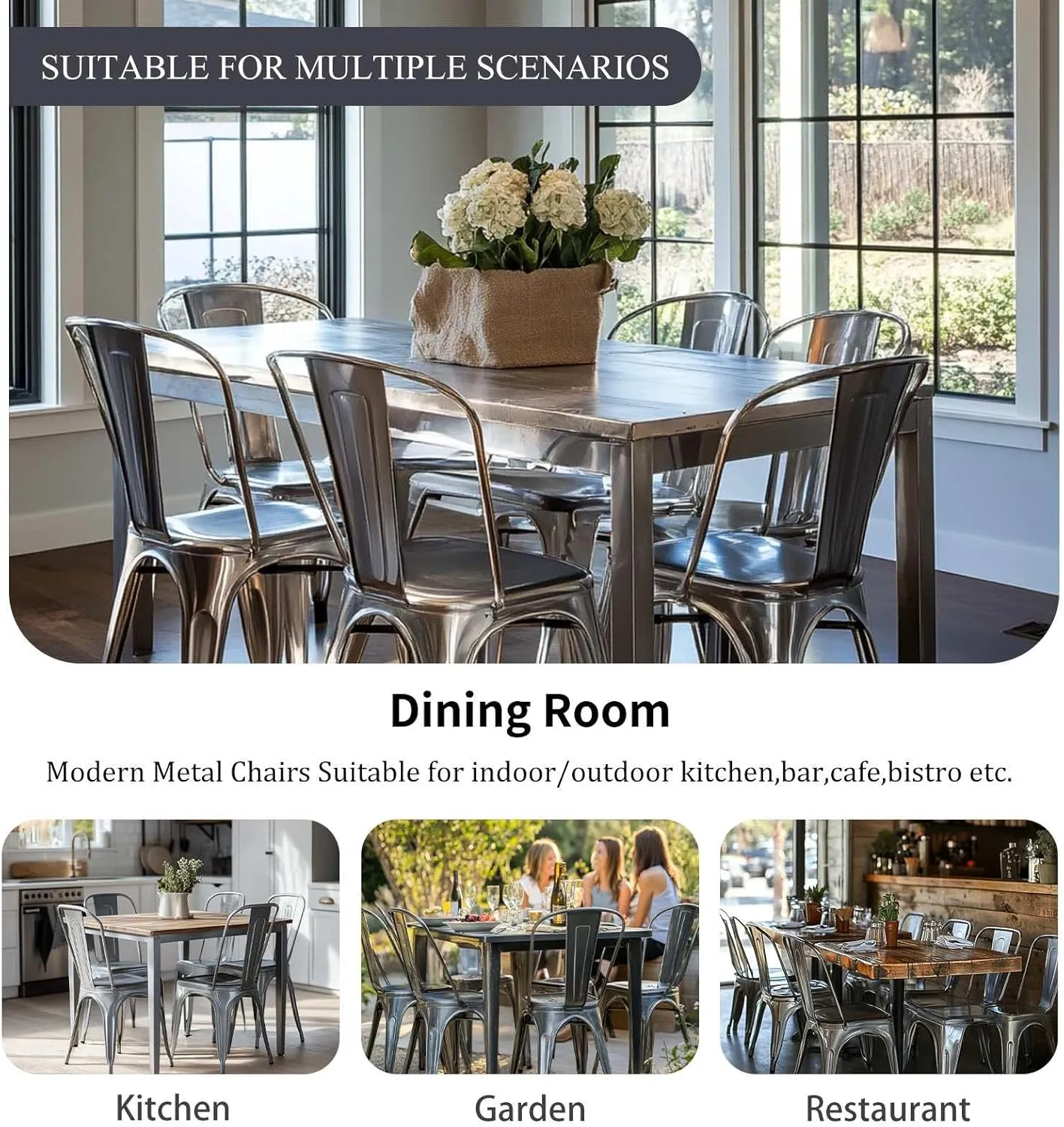 Metal Dining Chairs Set of 2 Silver Outdoor Metal Iron Chairs for Cafe Farmhouse Kitchen,Bistro,Dining Room,Patio Moonlight Silver Color