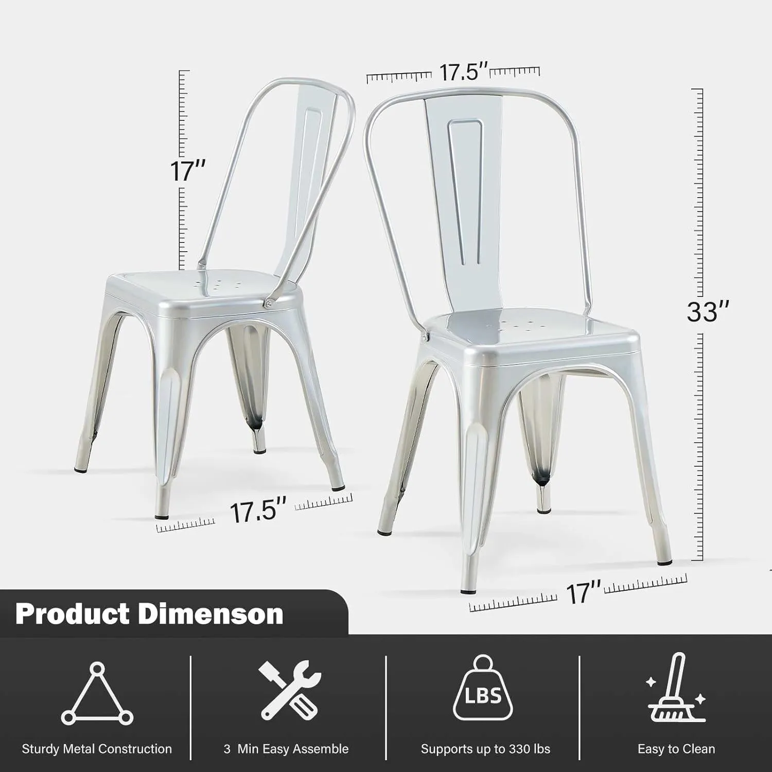 Metal Dining Chairs Set of 2 Silver Outdoor Metal Iron Chairs for Cafe Farmhouse Kitchen,Bistro,Dining Room,Patio Moonlight Silver Color