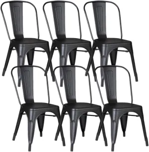 Metal Dining Chairs Set of 6 Iron Tolix Chair Stackable Outdoor/Vintage/Kitchen Restaurant Indoor Outdoor Matte Midnight Black