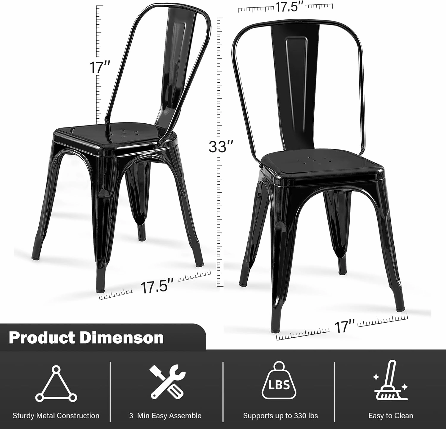 Metal Dining Chairs Set of 4 Obsidian Black Stackable Tolix Style Indoor Outdoor Patio Kitchen Farmhouse Chair