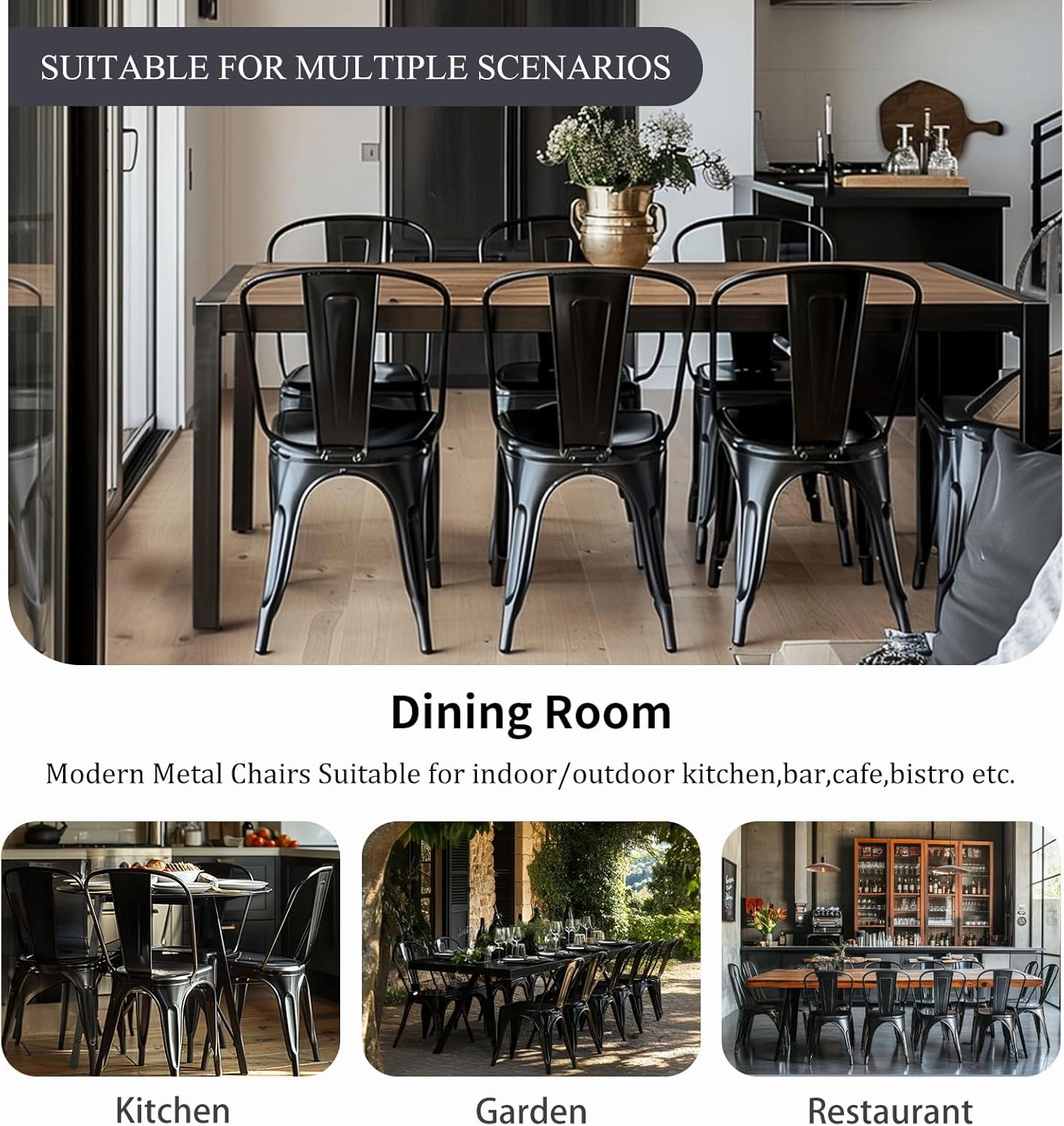 Metal Dining Chairs Set of 4 Obsidian Black Stackable Tolix Style Indoor Outdoor Patio Kitchen Farmhouse Chair
