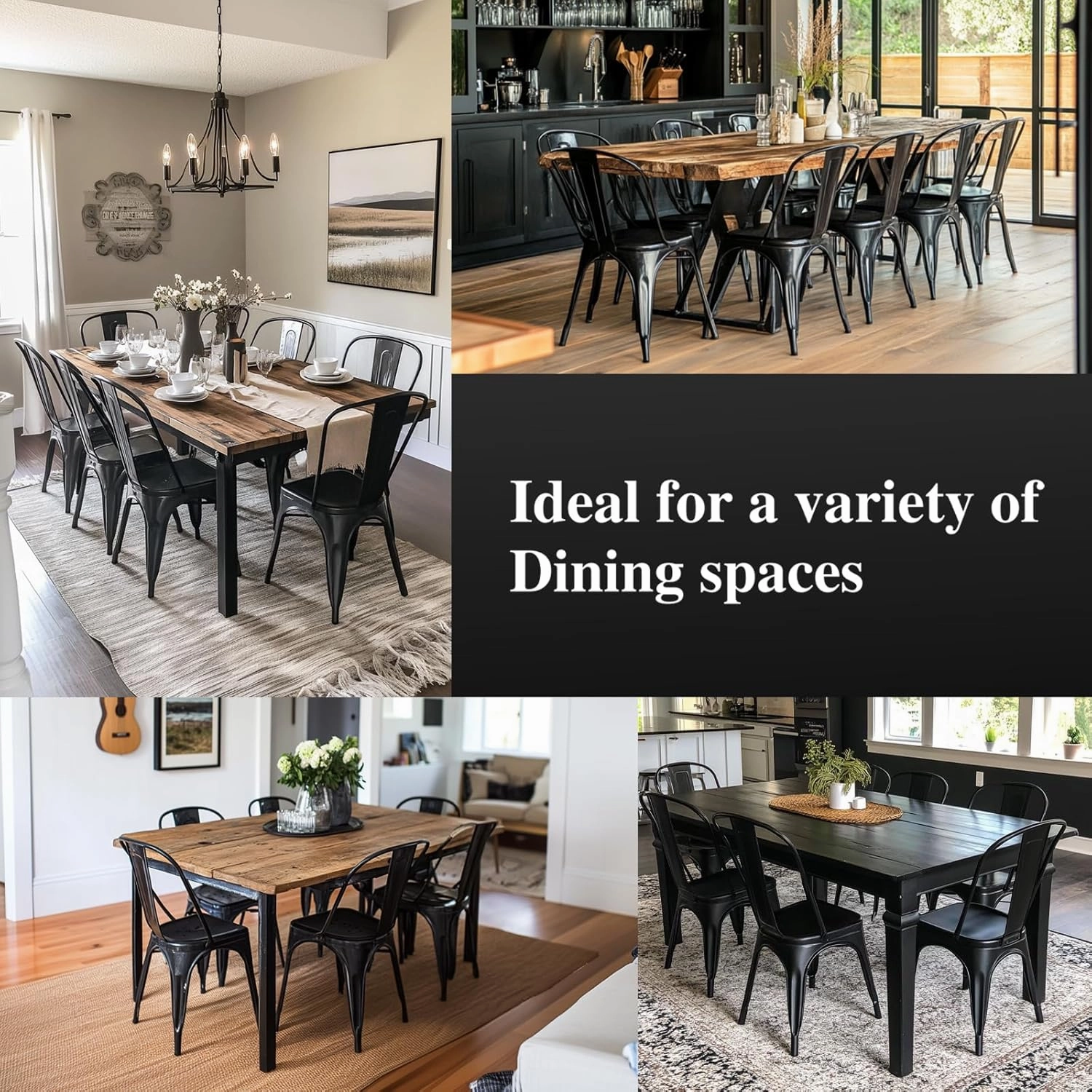 Metal Dining Chairs Set of 4 Obsidian Black Stackable Tolix Style Indoor Outdoor Patio Kitchen Farmhouse Chair