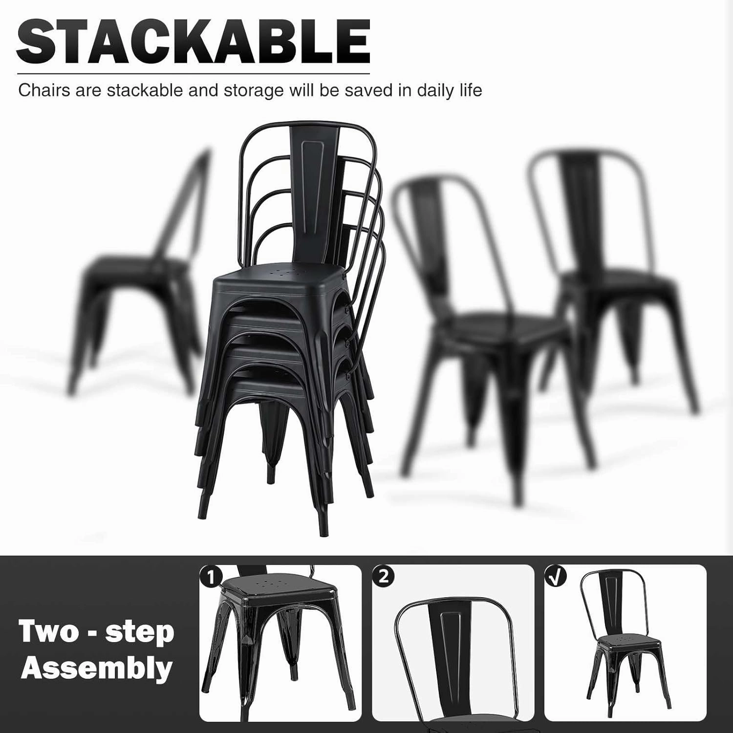 Metal Dining Chairs Set of 4 Obsidian Black Stackable Tolix Style Indoor Outdoor Patio Kitchen Farmhouse Chair