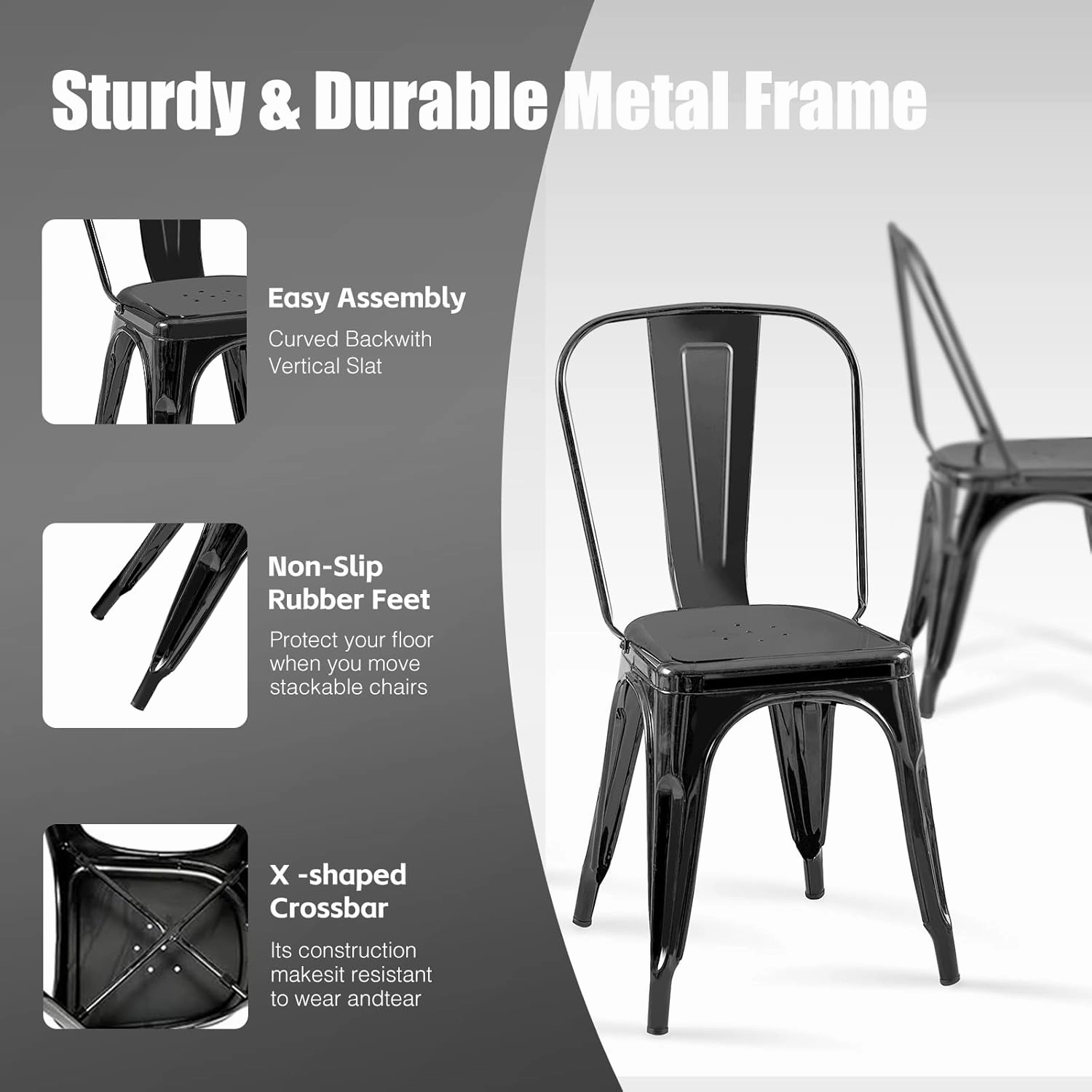 Metal Dining Chairs Set of 4 Obsidian Black Stackable Tolix Style Indoor Outdoor Patio Kitchen Farmhouse Chair