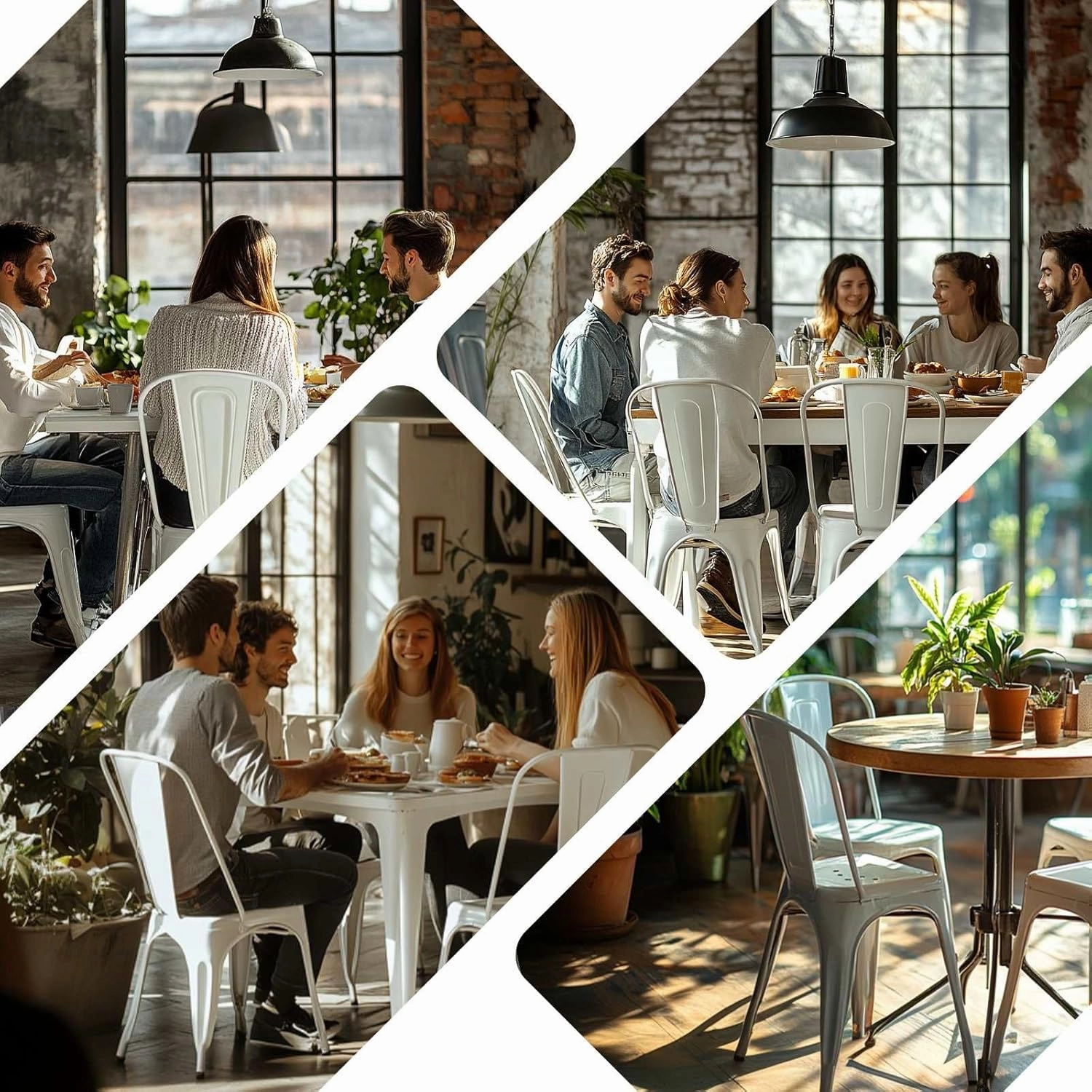 Metal Dining Chairs Set of 4 Stackable Industrial Vintage Style Farmhouse Kitchen Cafe Indoor Outdoor Arctic White