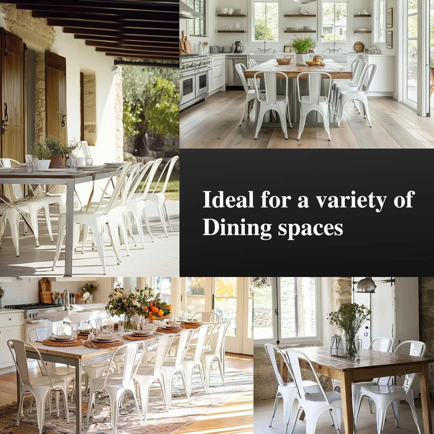 Metal Dining Chairs Set of 4 Stackable Industrial Vintage Style Farmhouse Kitchen Cafe Indoor Outdoor Arctic White