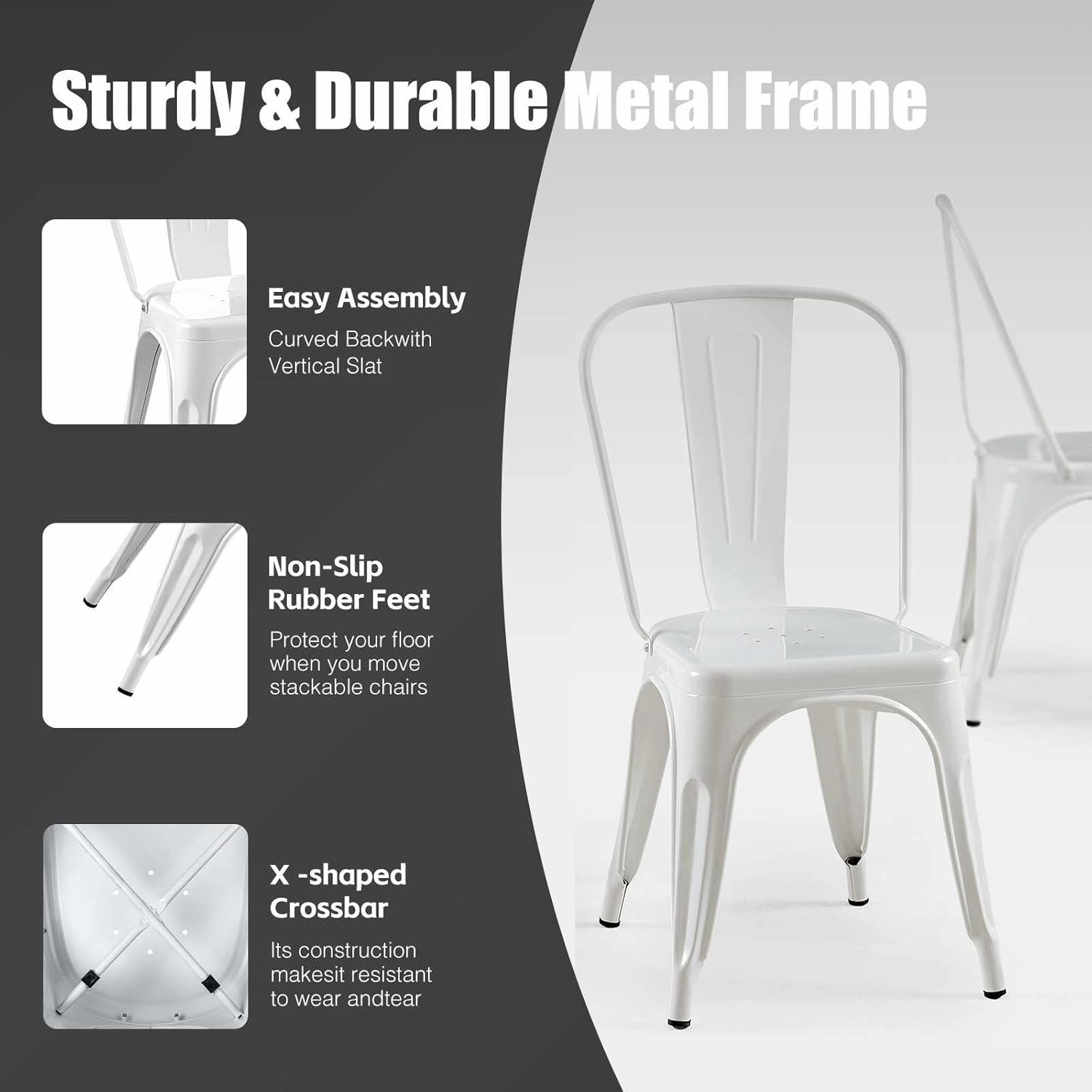 Metal Dining Chairs Set of 4 Stackable Industrial Vintage Style Farmhouse Kitchen Cafe Indoor Outdoor Arctic White
