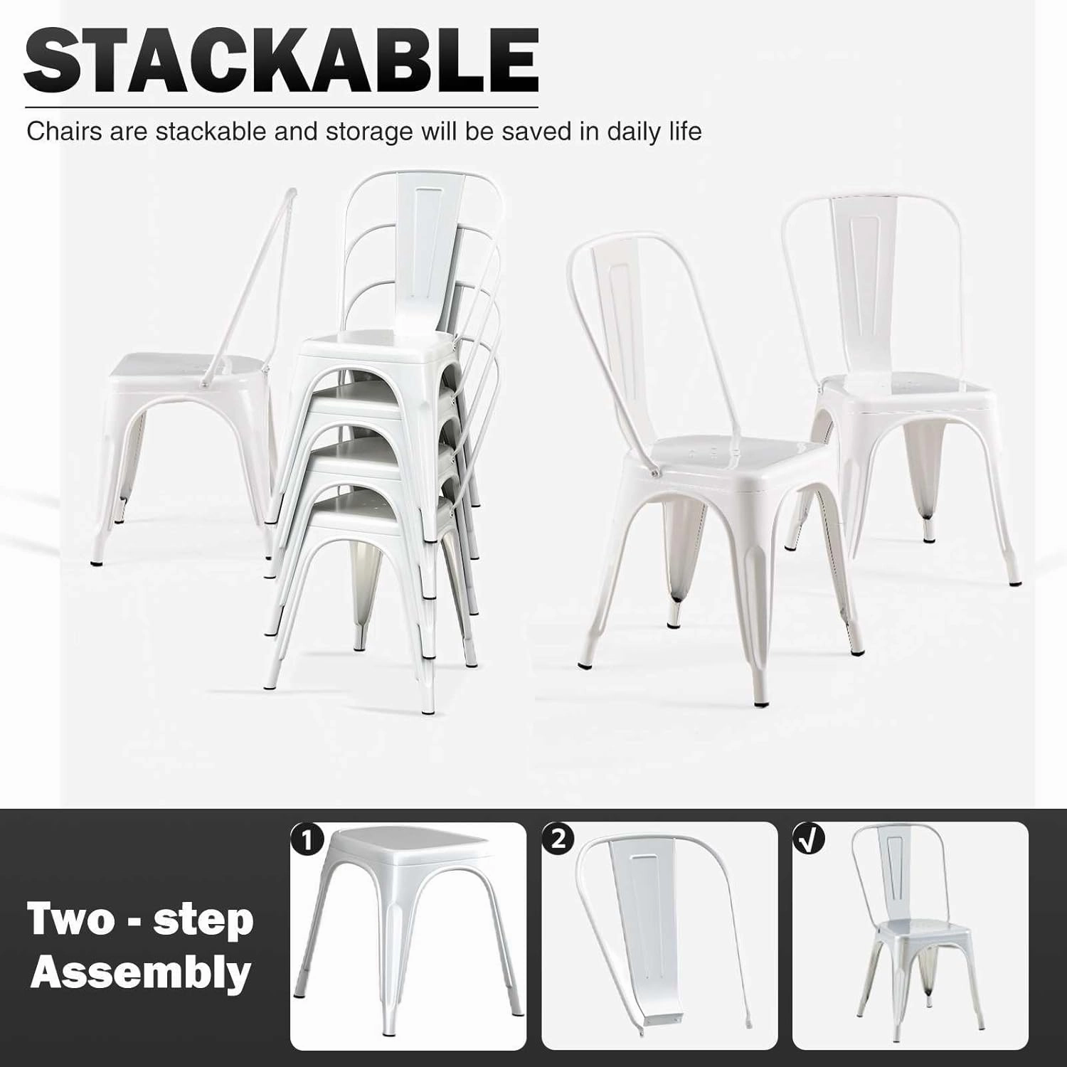 Metal Dining Chairs Set of 4 Stackable Industrial Vintage Style Farmhouse Kitchen Cafe Indoor Outdoor Arctic White