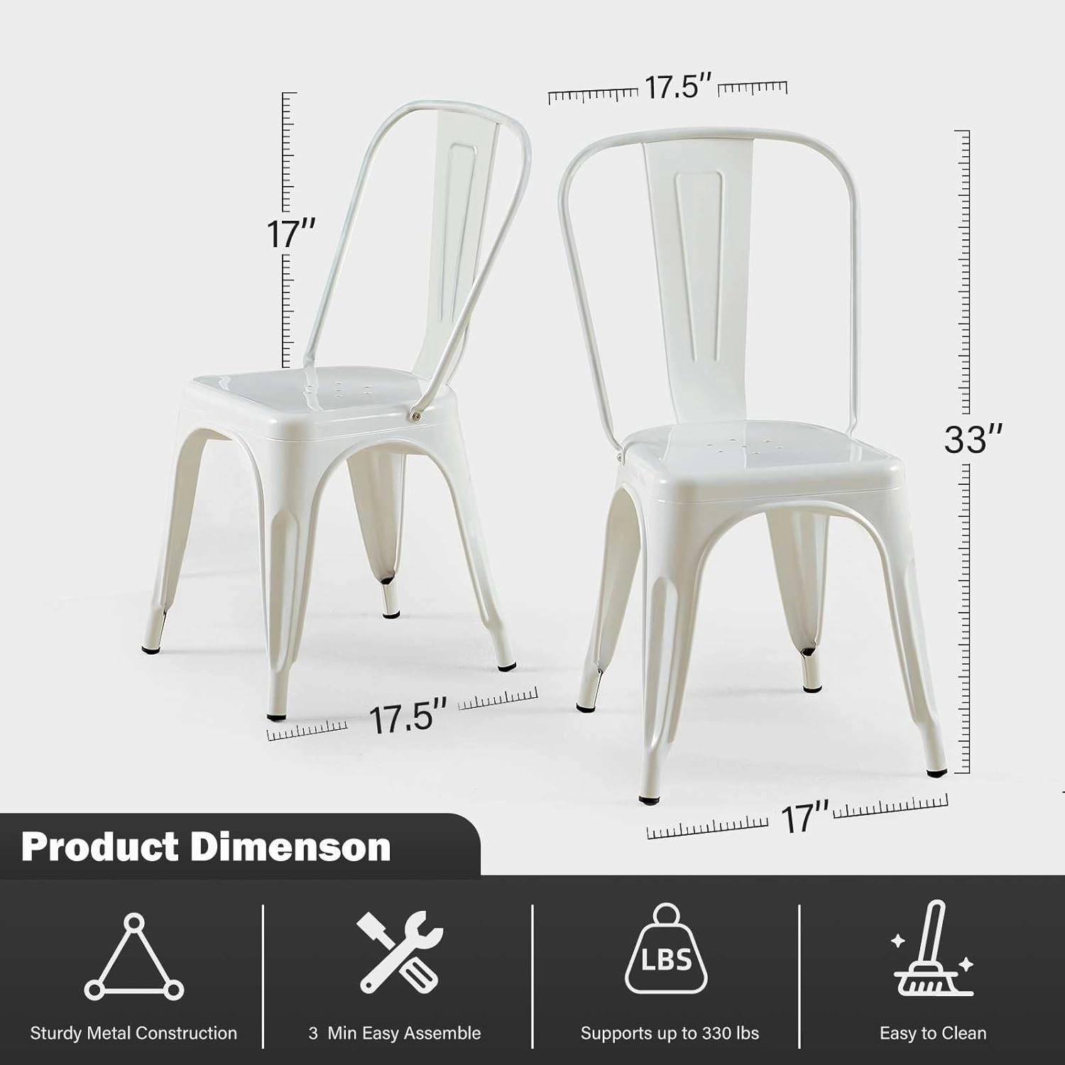 Metal Dining Chairs Set of 4 Stackable Industrial Vintage Style Farmhouse Kitchen Cafe Indoor Outdoor Arctic White