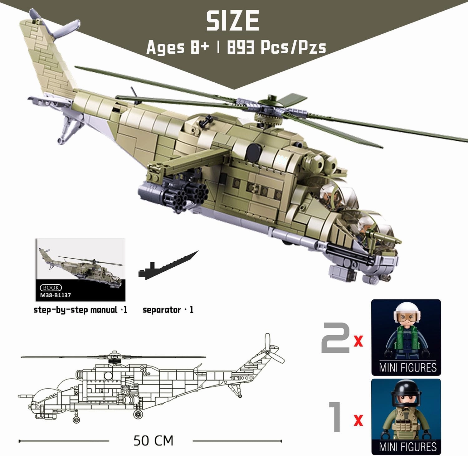 MI-24 Attack Helicopter Building Set - 893 PCS 1:30 Scale Military Gunship Model, Battle Brick WW2 Army Toy Set with 3 Toy Soldiers