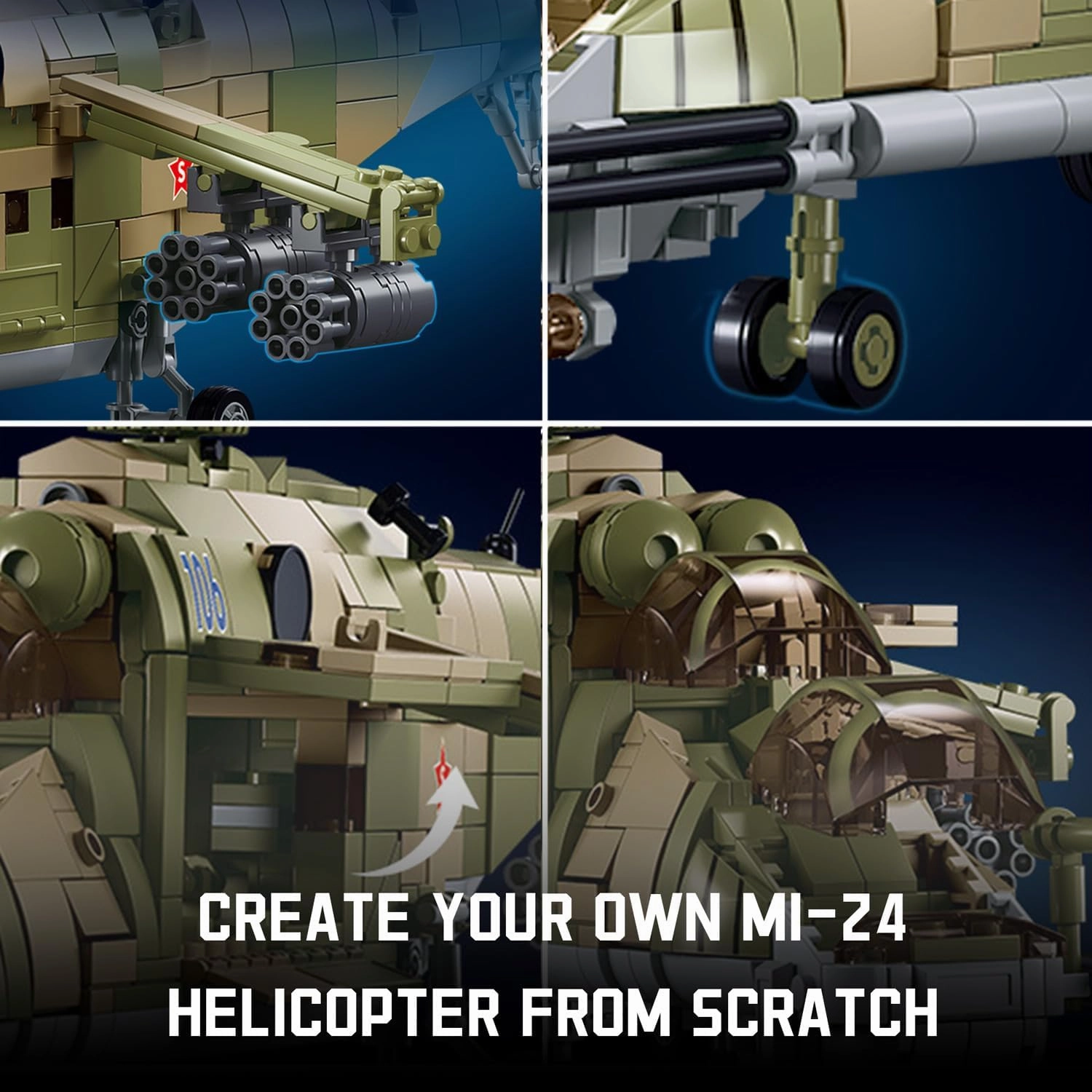 MI-24 Attack Helicopter Building Set - 893 PCS 1:30 Scale Military Gunship Model, Battle Brick WW2 Army Toy Set with 3 Toy Soldiers