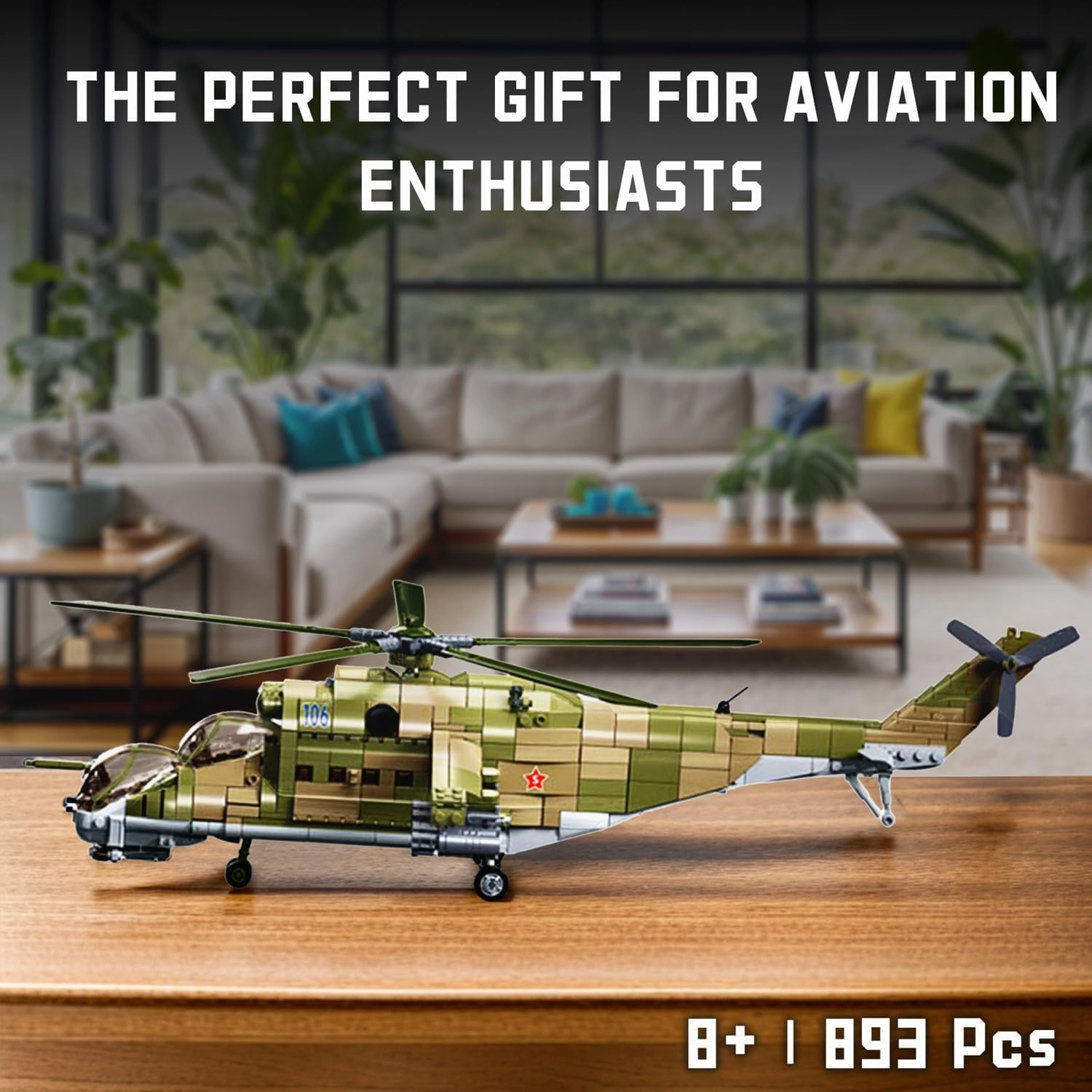 MI-24 Attack Helicopter Building Set - 893 PCS 1:30 Scale Military Gunship Model, Battle Brick WW2 Army Toy Set with 3 Toy Soldiers