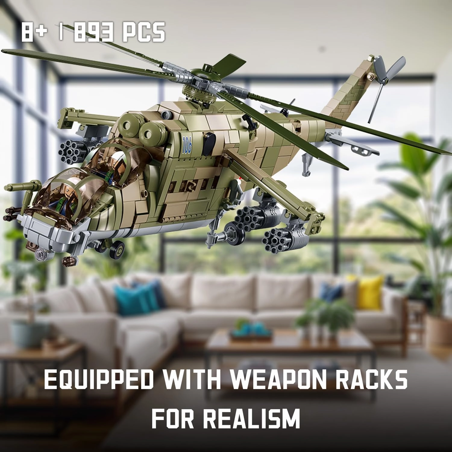 MI-24 Attack Helicopter Building Set - 893 PCS 1:30 Scale Military Gunship Model, Battle Brick WW2 Army Toy Set with 3 Toy Soldiers