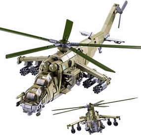 MI-24 Attack Helicopter Building Set - 893 PCS 1:30 Scale Military Gunship Model, Battle Brick WW2 Army Toy Set with 3 Toy Soldiers