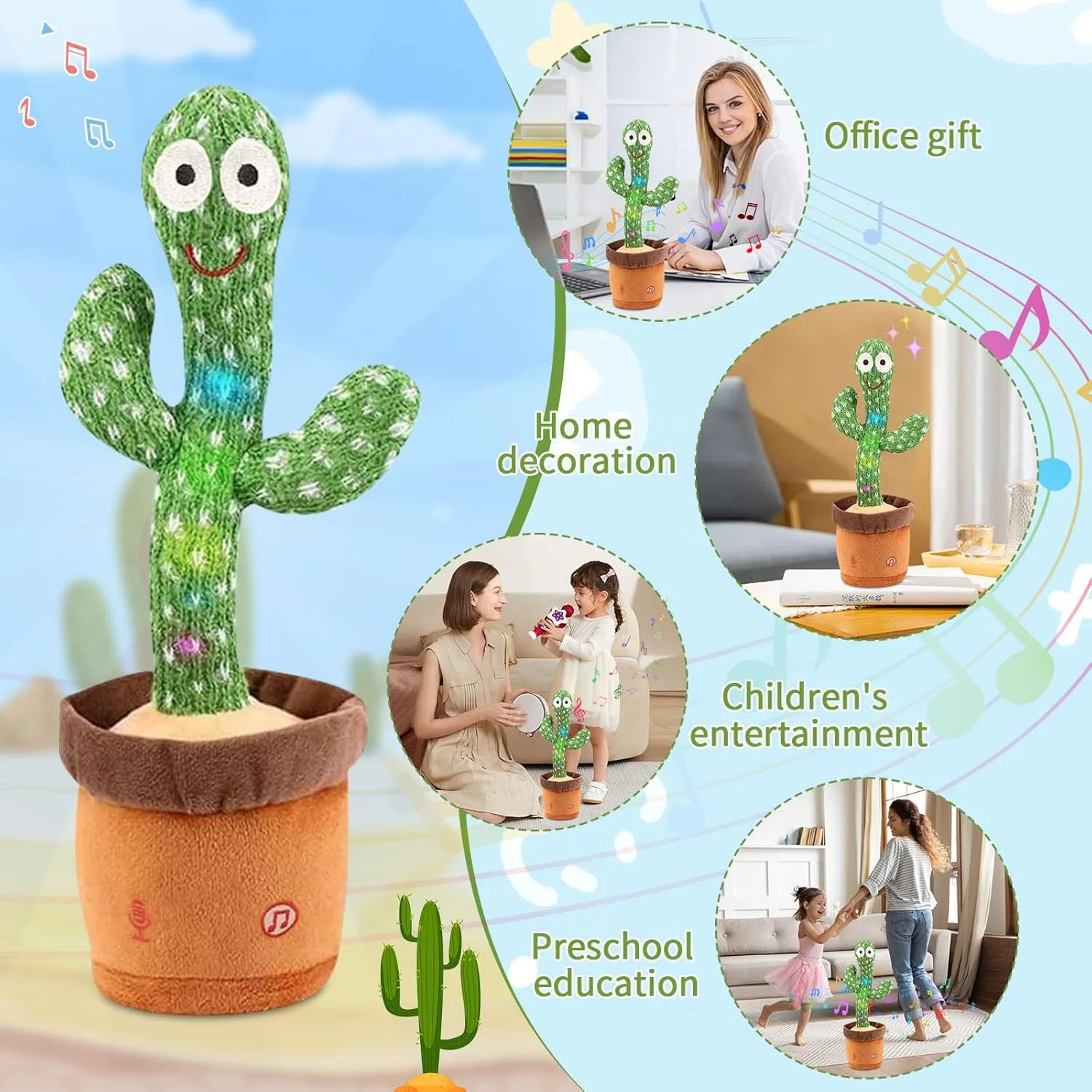 MIAODAM Dancing Cactus Baby Toy - Talking Cactus, Singing Toy, Colorful Glowing Repeating What You Say Plush Figure with 100 Songs for Kids and Adults