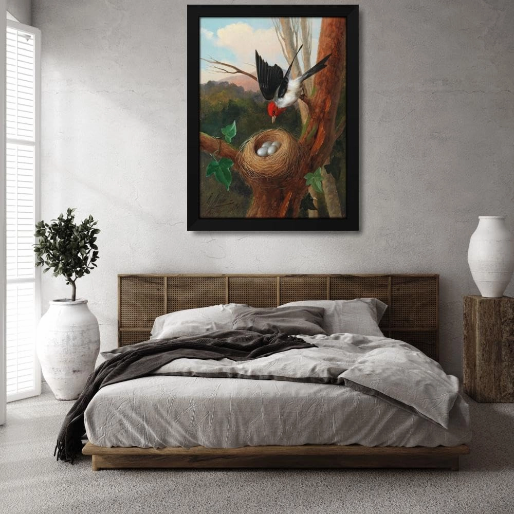 Michelangelo Meucci 35x48 Huge Black Modern Framed Art Print Titled: Bird at Its Nest