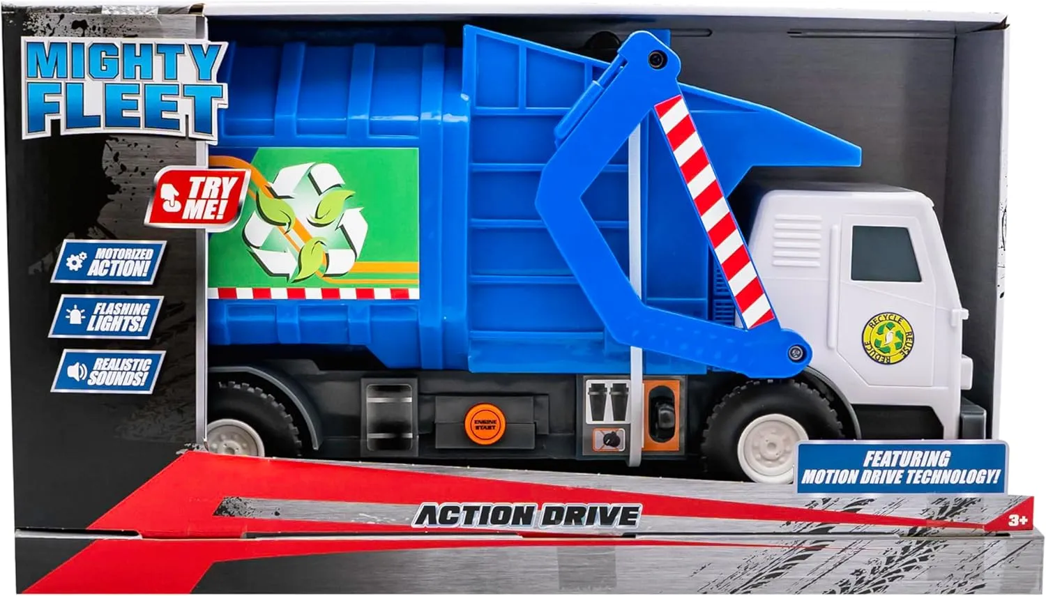Mighty Fleet Action Drive 16” Garbage Truck Toy – Motion‑Drive Motorized Dumping, Flashing Lights & Real Engine/Backup Sounds, Shift‑Knob Control, Batteries Included, Kids Ages 3  