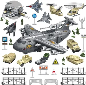 Military Airplane Toy for Kid - 2-in-1 Airplane Playset for Ages 5-7 3-6 Boy, Fighter Jet with 6 Truck Vehicle, 5 Helicopter, Army Men, Car Kit for 4 5 6 7 8 Years Old Child Birthday